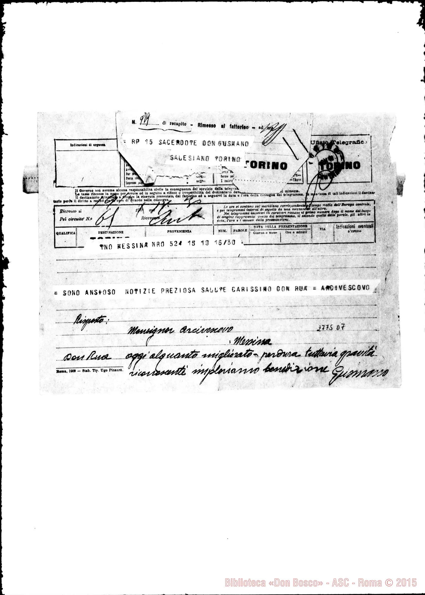 Fotogramma D 7 — D’Arrigo Ramondini Letterio, arciv. di Messina. Telegramma