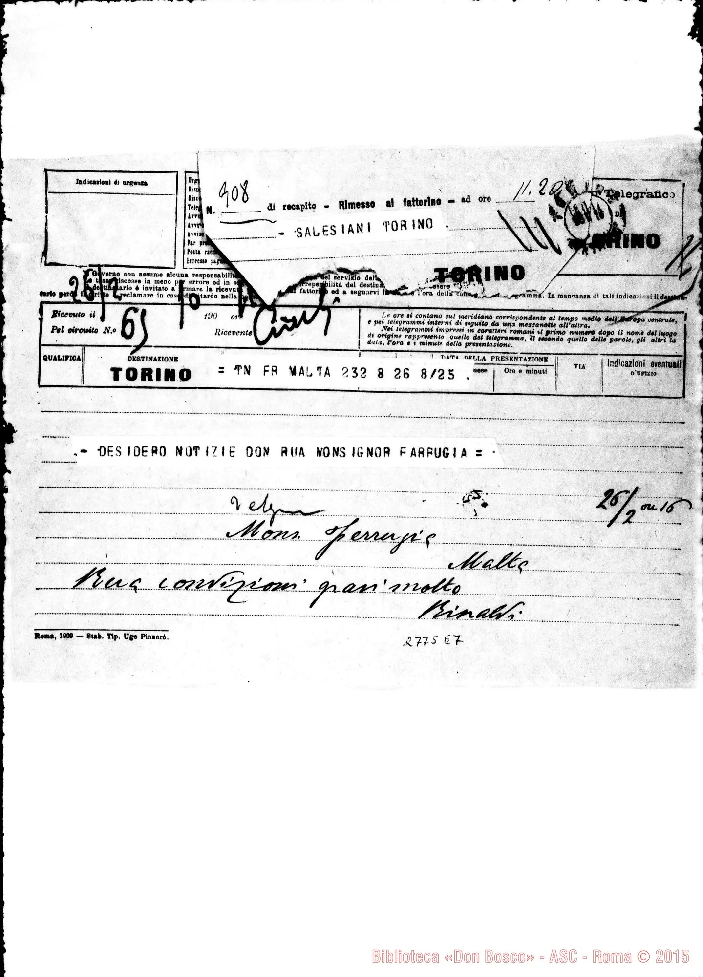 Fotogramma E 7 — Farrugia Luigi, monsignore. Malta. Telegramma