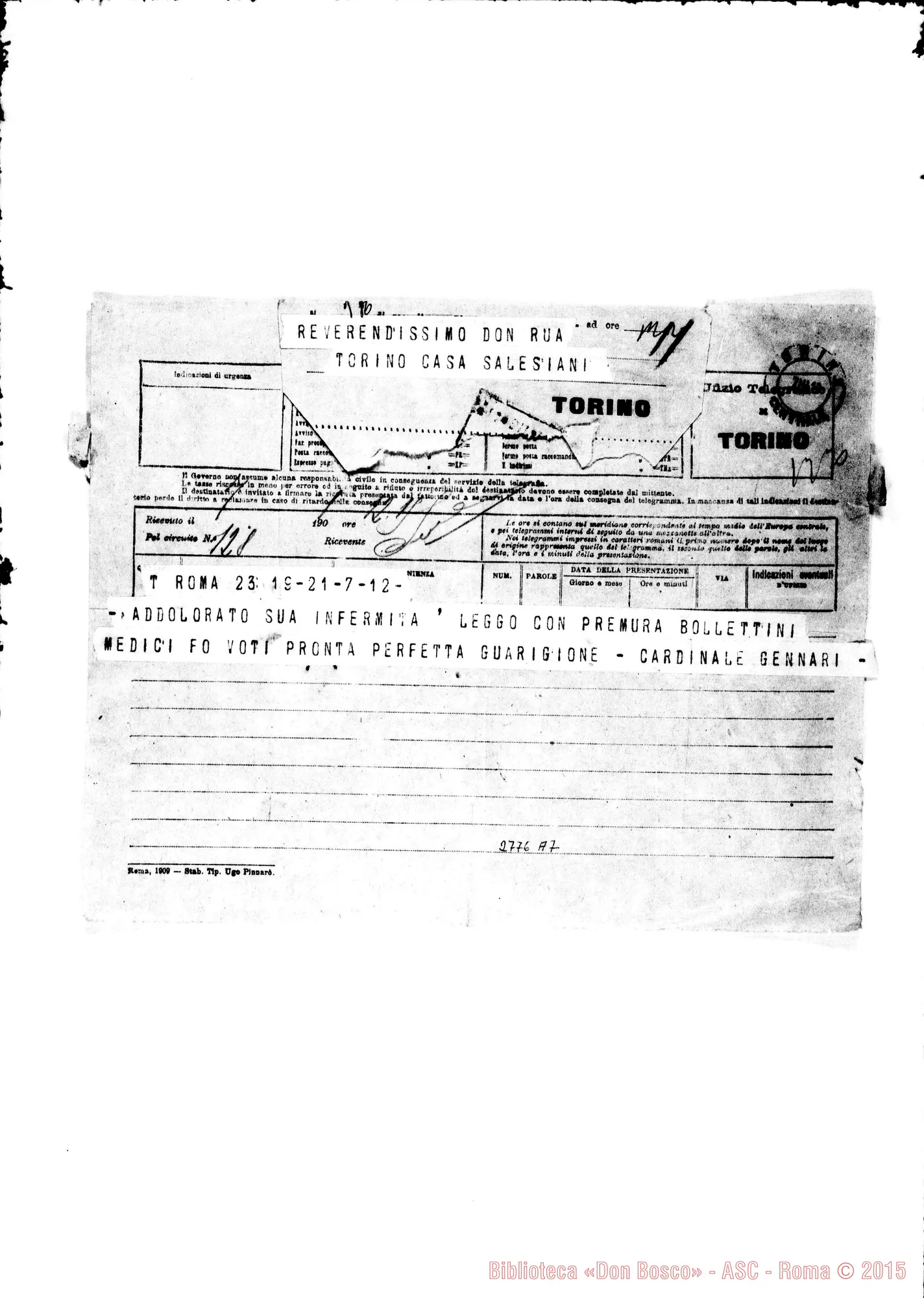 Fotogramma A 7 — Gennari Casimiro, card.. Roma. Telegramma. Autogr. di D. Rinaldi