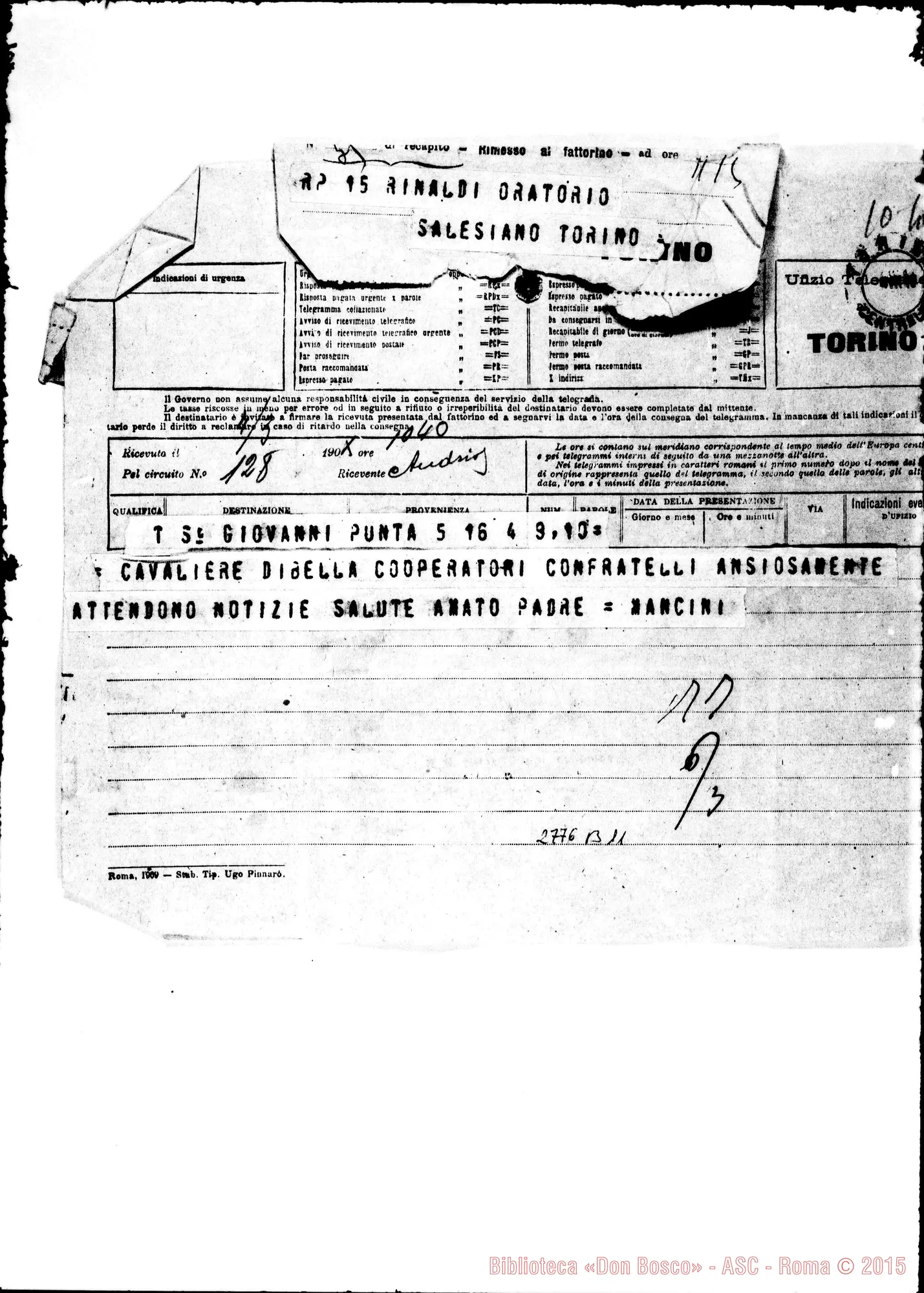 Fotogramma B 11 — Mancini Argeo, SDB, direttore. S. Gregorio. Telegramma