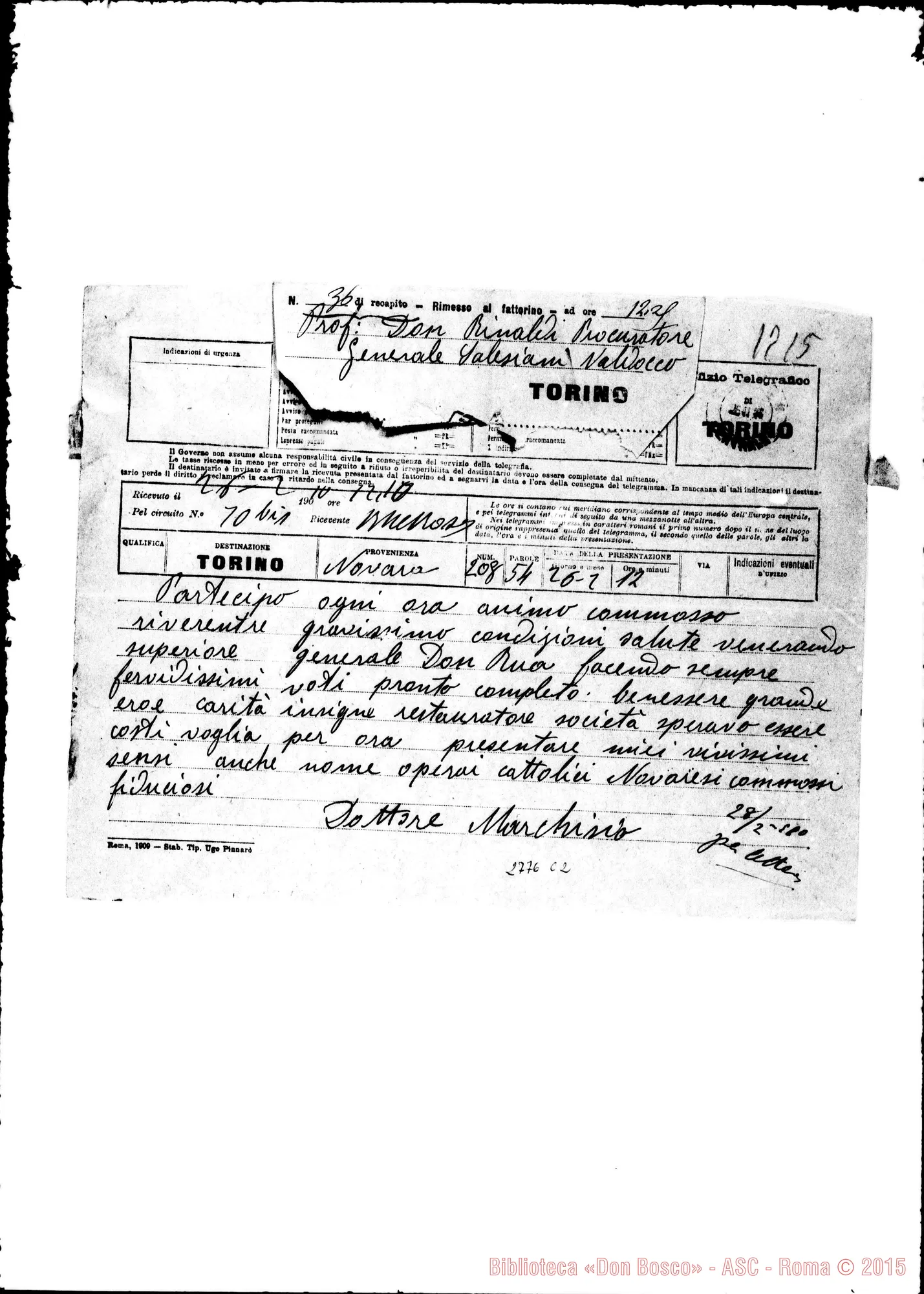 Fotogramma C 2 — Marchisio, dott., degli Operai Cattolici Novaresi. Telegramma