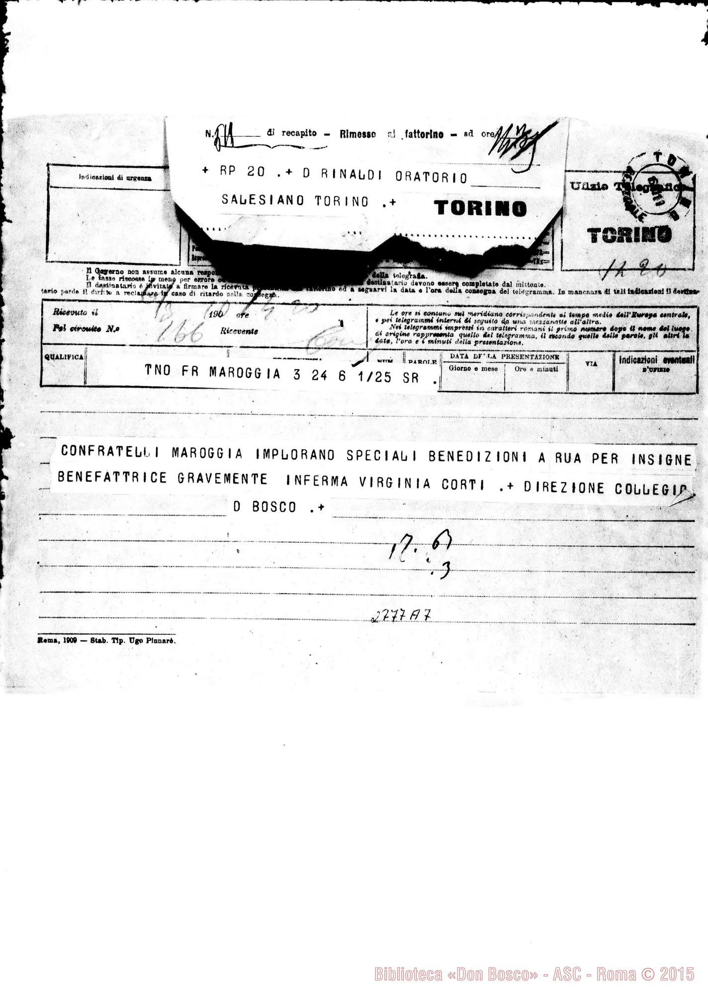 Fotogramma A 7 — Rodighiero Rocco, SDB, direttore. Maroggia (Svizzera). Telegramma