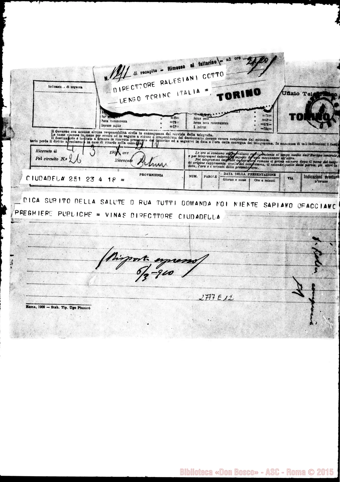 Fotogramma E 12 — Viñas Guglielmo, SDB, direttore. Ciudadela (Menorca-Spagna). Telegramma. Autogr. D. Rinaldi