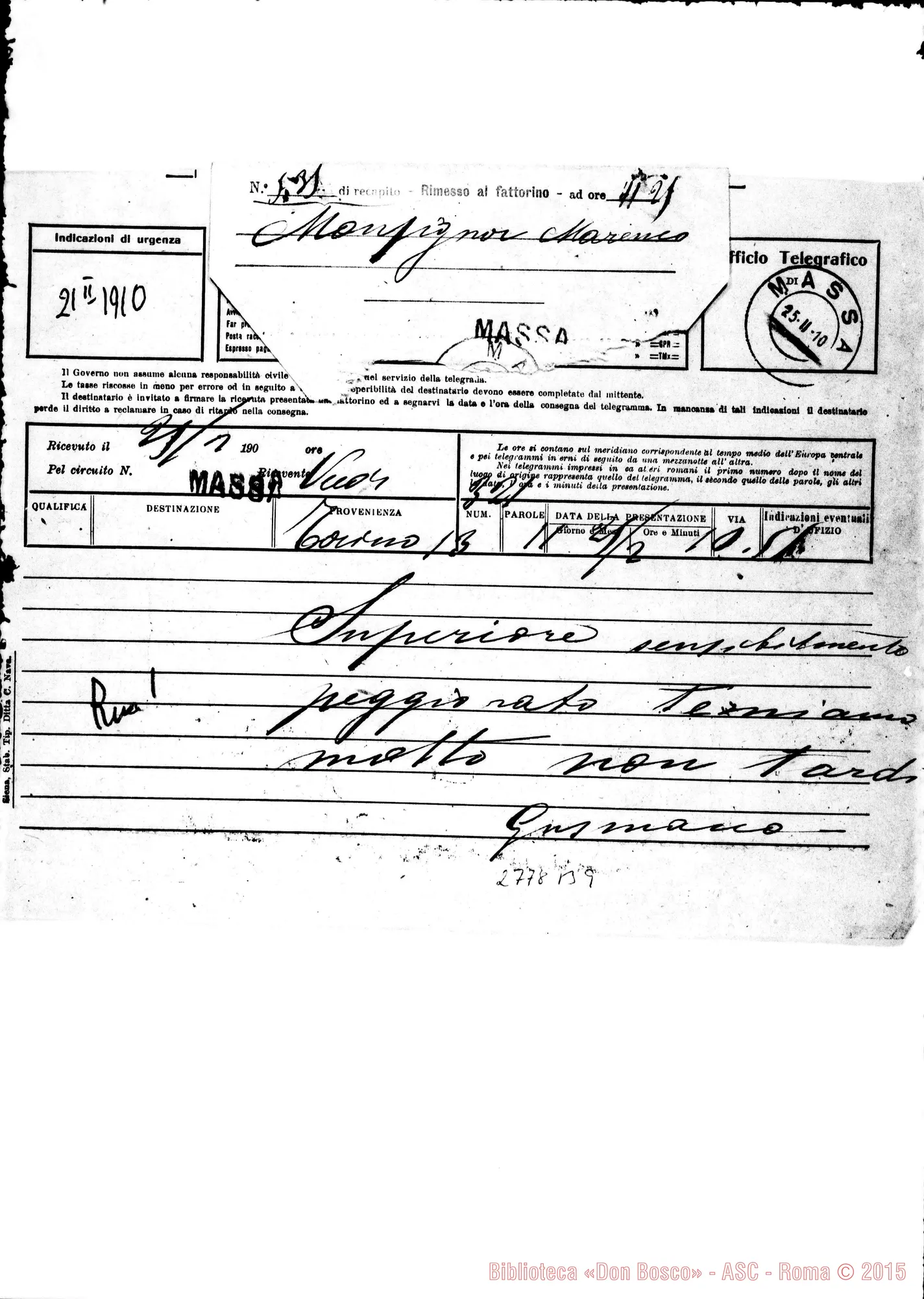 Fotogramma B 9 — Gusmano - Mons.Marenco G.. Telegramma, il 21-02-1910
