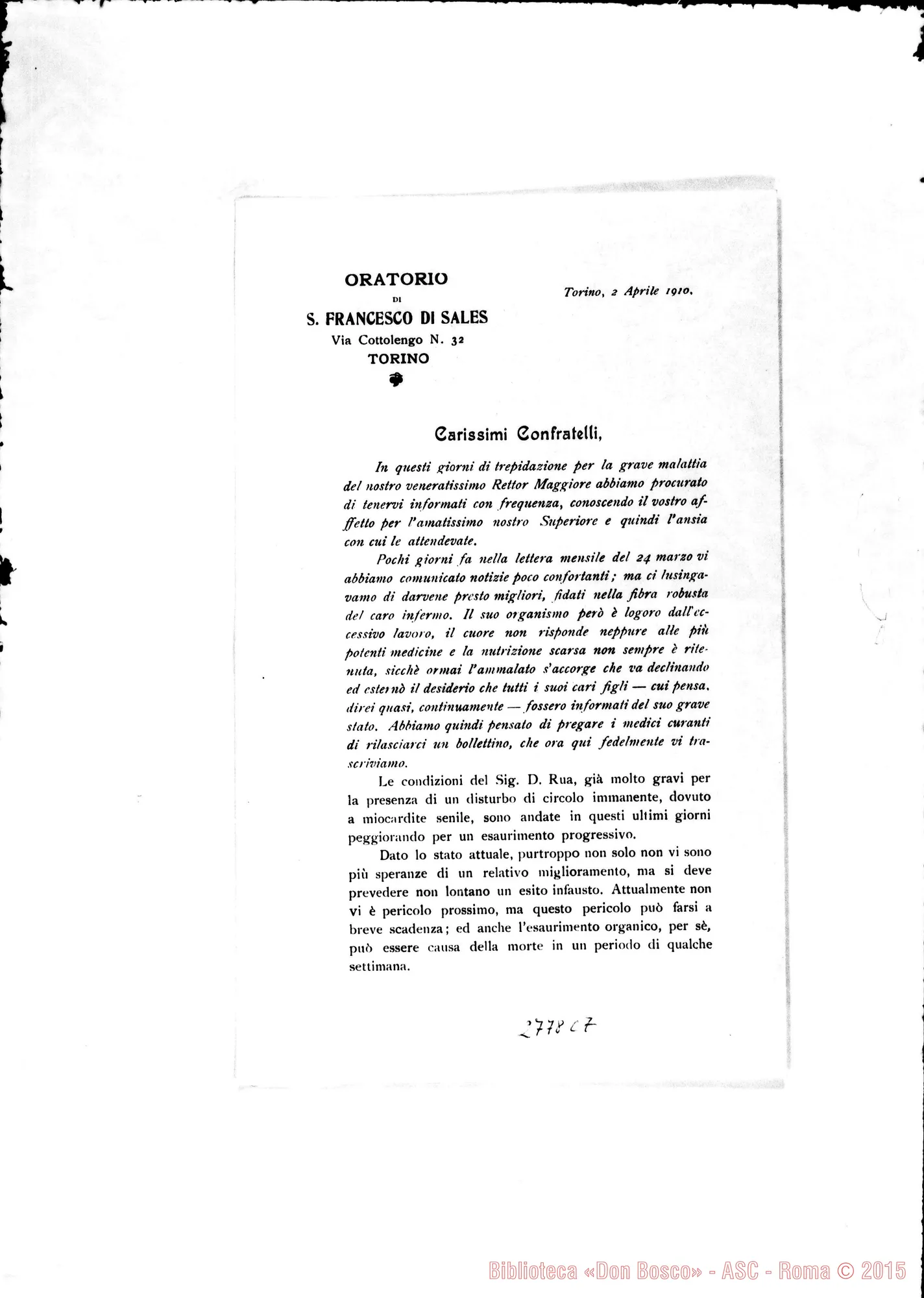 Fotogramma C 7 — Circolare di D. Rinaldi ai Confratelli. Stampato. Torino, 2-04-1910