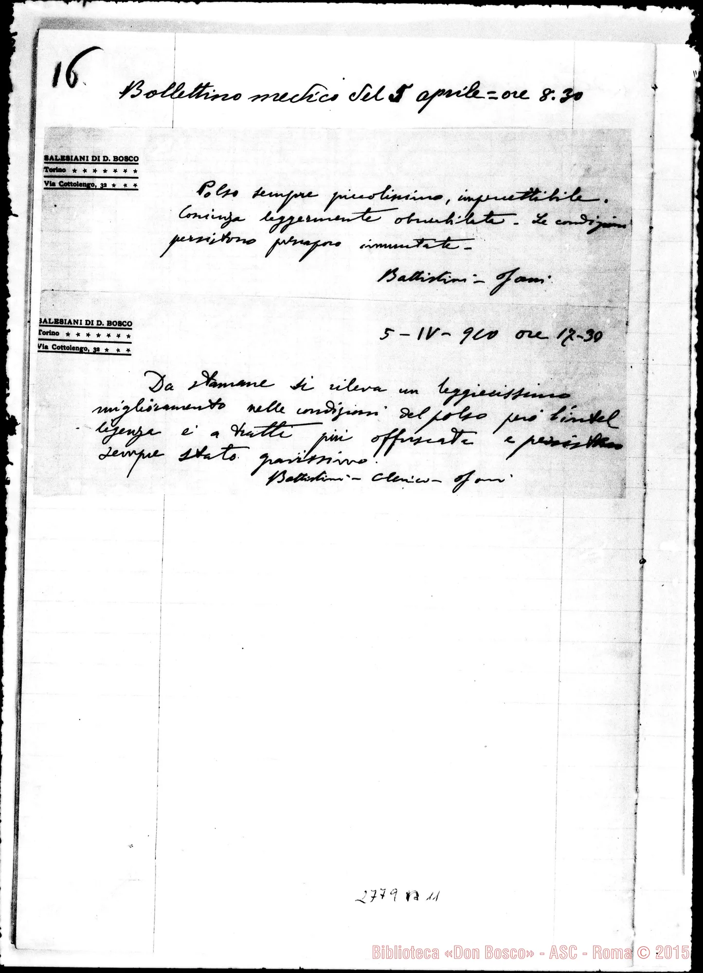 Fotogramma B 11 — Sul secondo periodo della malattia di D. Rua: Raccolta di brani di circolari di D. Rinaldi, ritagli di giornali E ms. vari