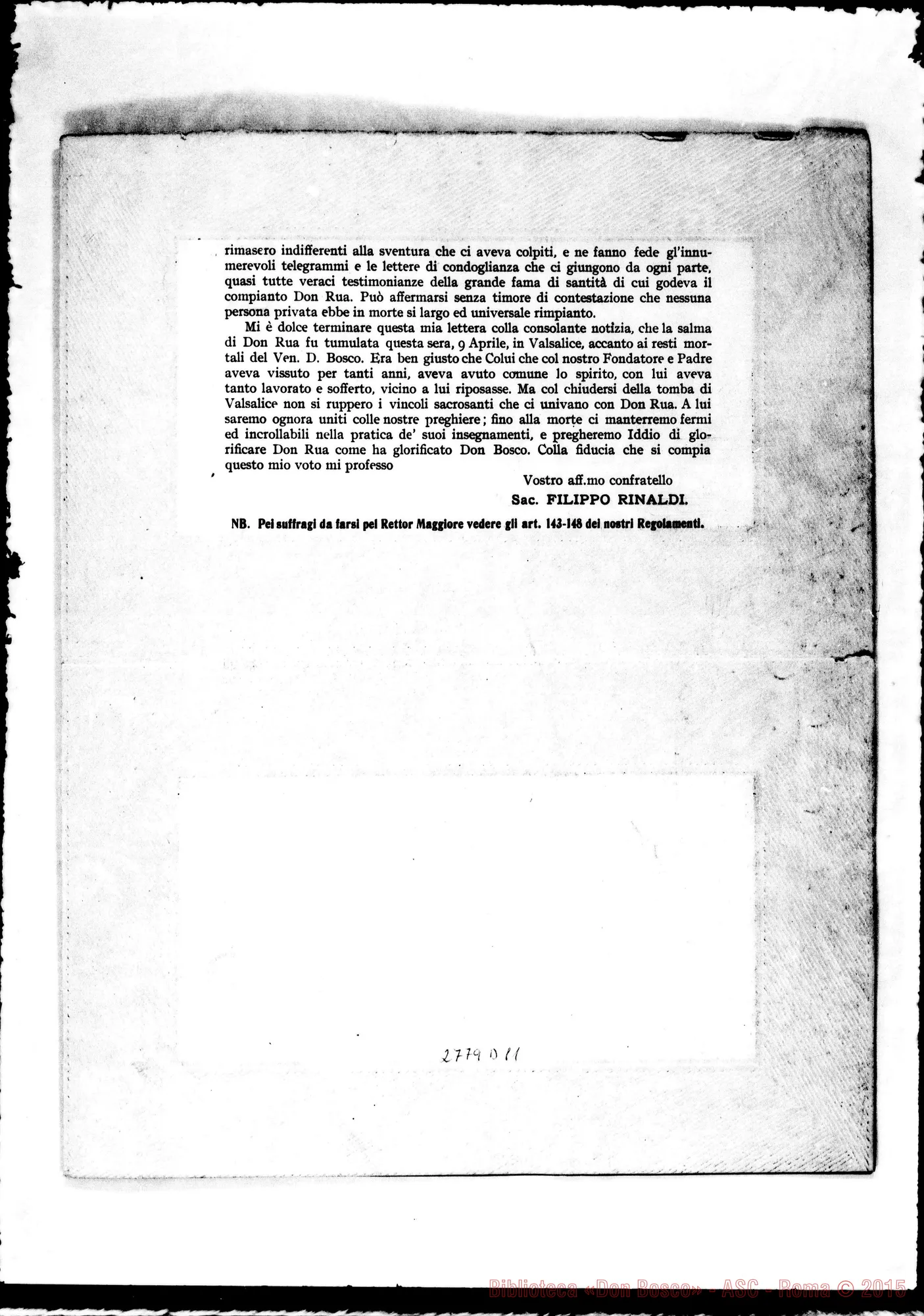 Fotogramma D 11 — Circolare di D. Filippo Rinaldi ai confratelli. Torino, 9-04-1910. Stampato