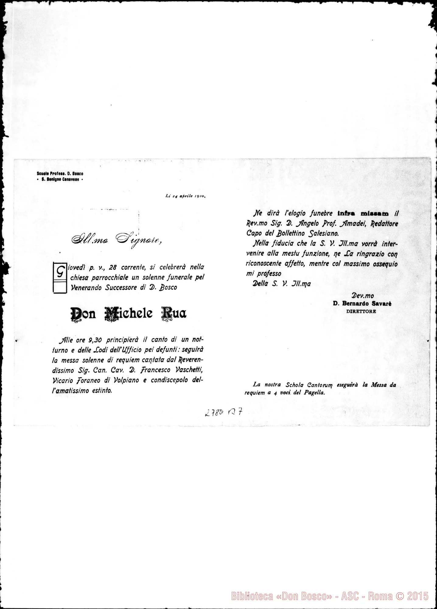 Fotogramma B 7 — S. Benigno Can.: invito al funerale. Elogio funebre A cura di D. Amadei
