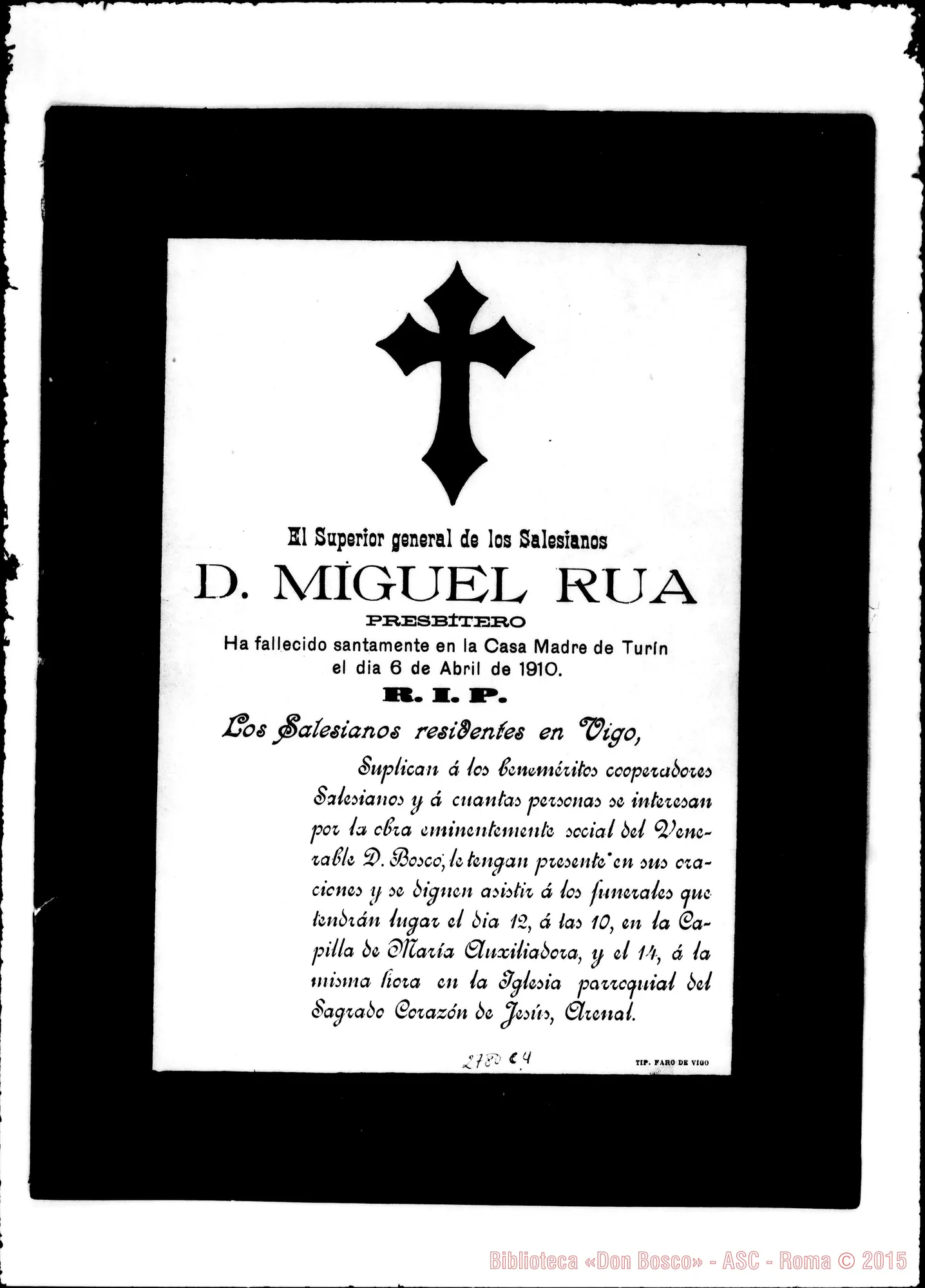 Fotogramma C 4 — Vigo: annunzio della morte E invito al funerale nella parrocchia dell’ «Arenai» Elogi funebri