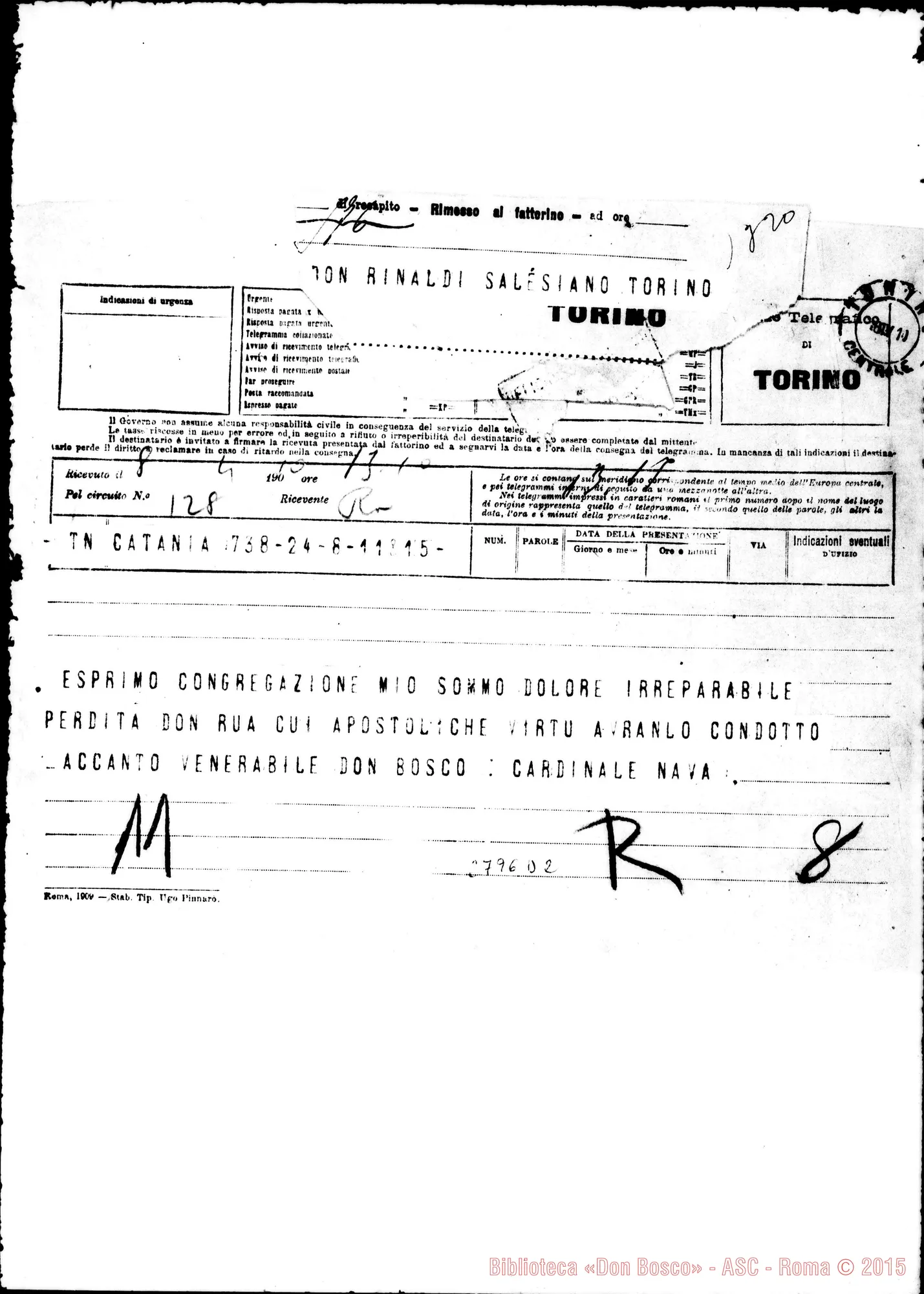 Fotogramma D 2 — Francia-Nava de Bontifè Giuseppe, arciv. di Catania. Telegramma