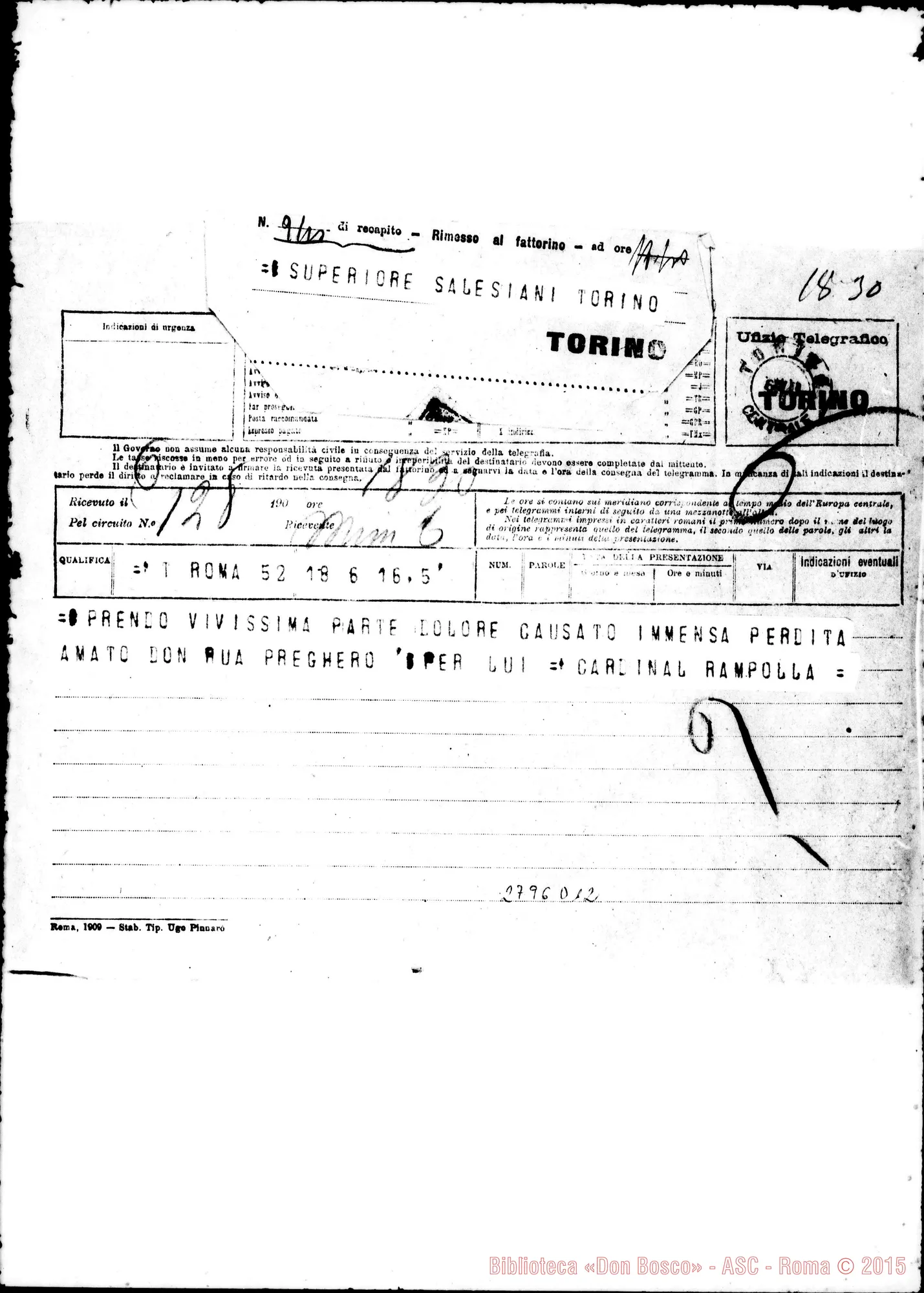 Fotogramma D 12 — Rampolla del Tindaro Mariano, segr. Congr.S.Uffizio. Telegramma