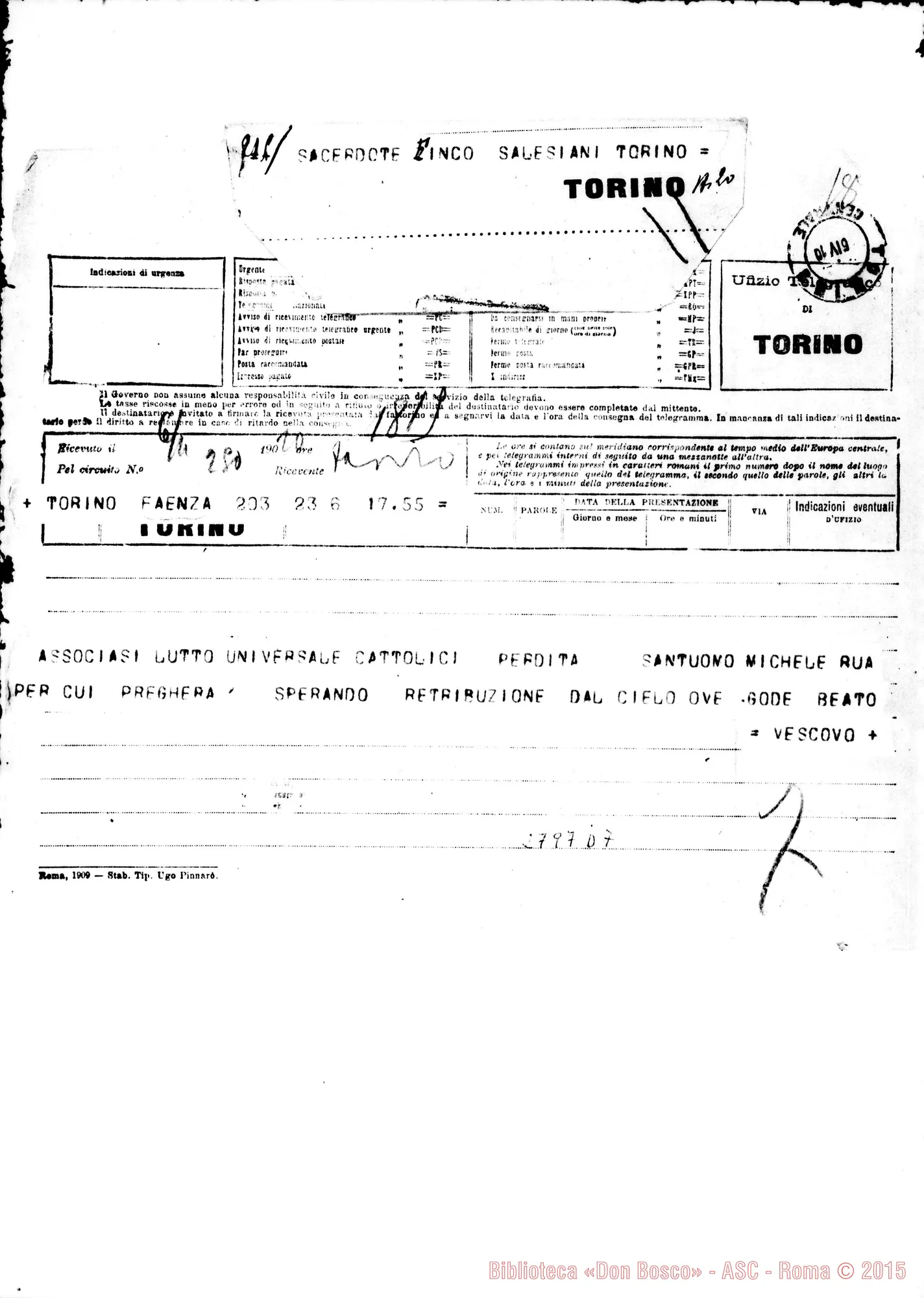Fotogramma D 7 — Cantagalli Gioachino vesc. di Faenza. Telegramma