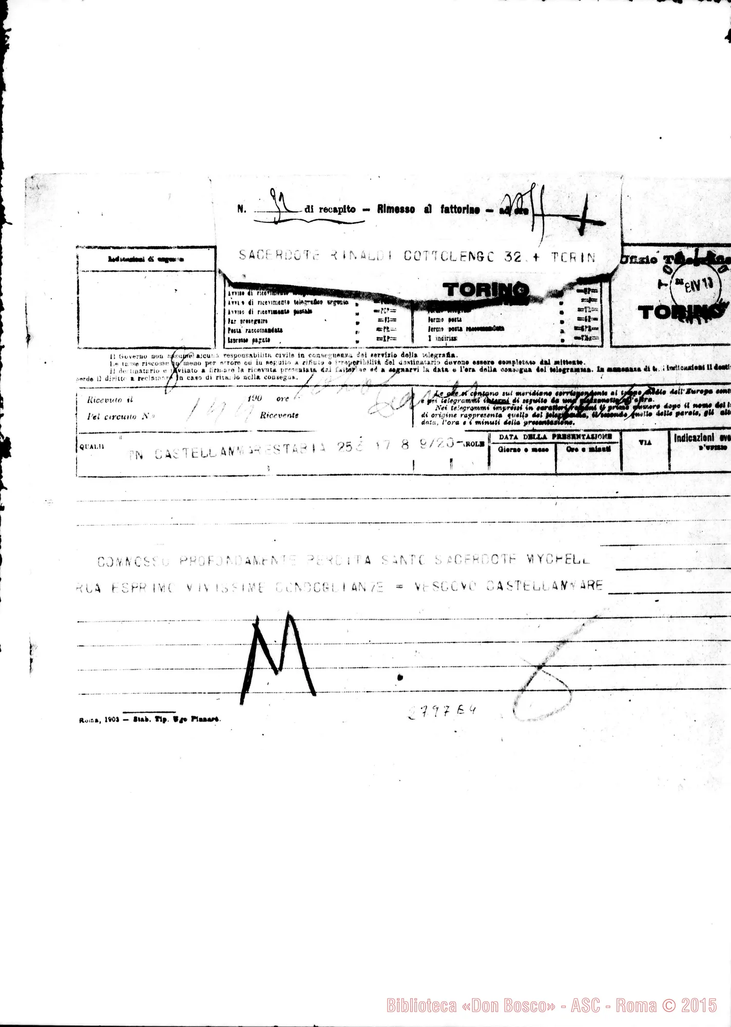 Fotogramma E 4 — De Jorio Michele, vesc. di Castellammare di Stabia. Telegramma