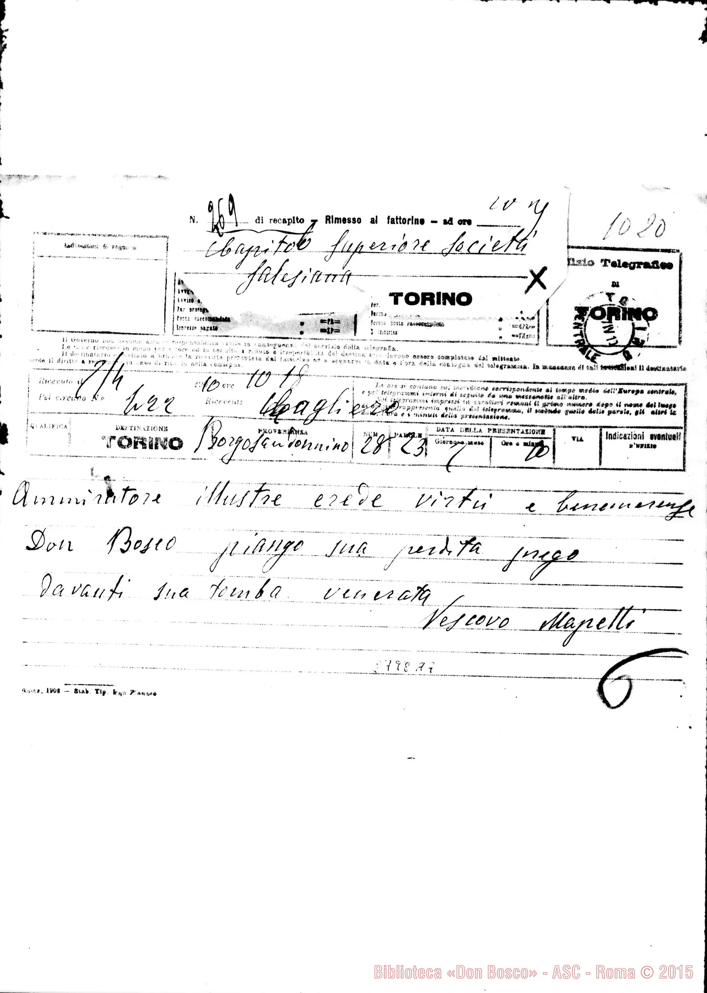 Fotogramma A 7 — Mapelli Leonida, vesc. di Borgo S.Donino. Telegramma