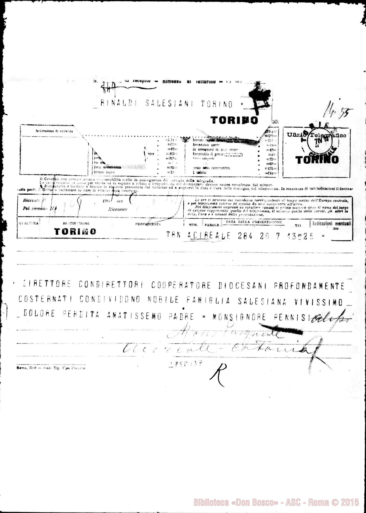 Fotogramma B 7 — Pennisi Pasquale, mons., prelato domestico. Telegramma