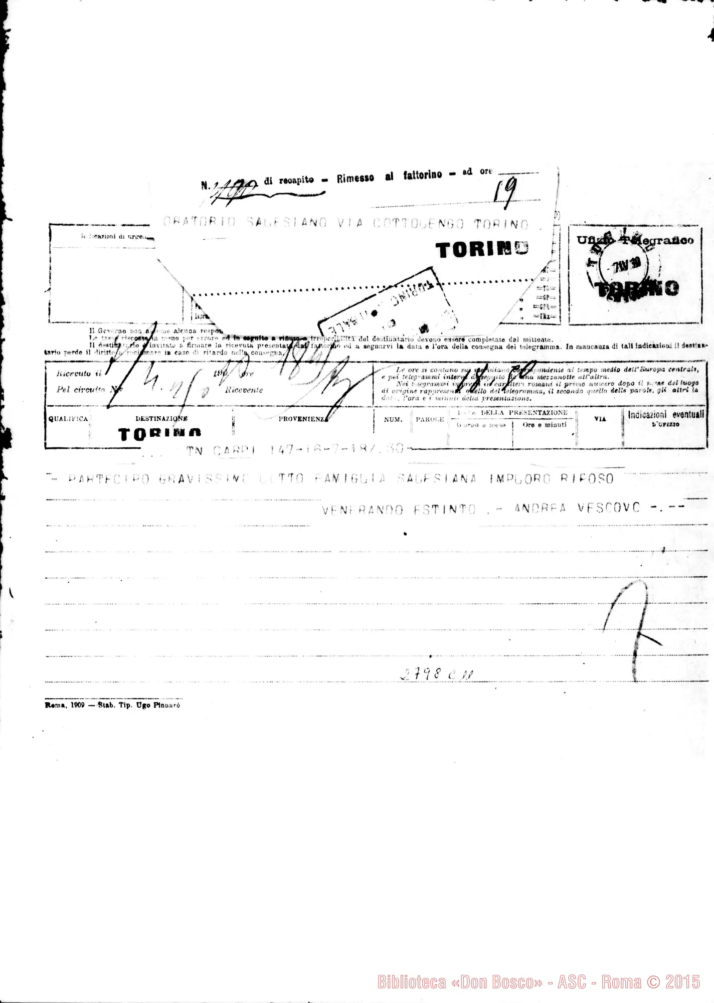Fotogramma C 11 — Righetti Andrea, vesc. di Carpi. Telegramma