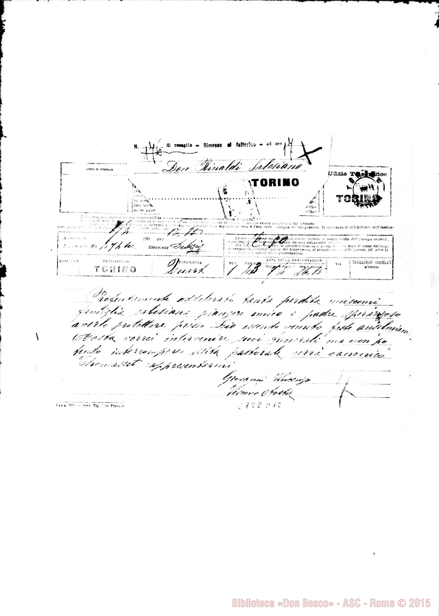 Fotogramma D 12 — Tasso Giovanni Vincenzo, vesc. di Aosta. Telegramma