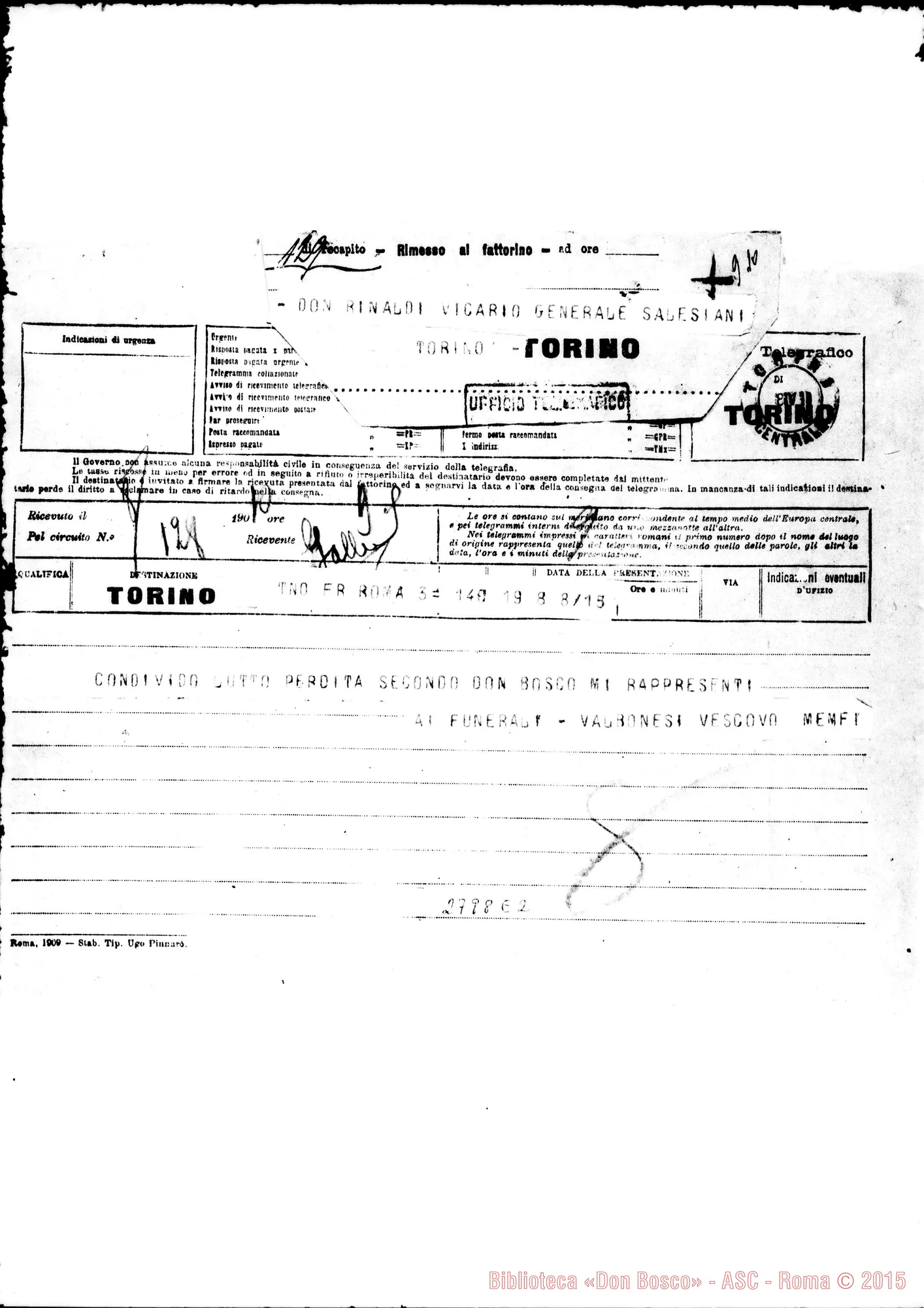 Fotogramma E 2 — Valbonesi Antonio, vesc. tit. di Menfi. Telegramma