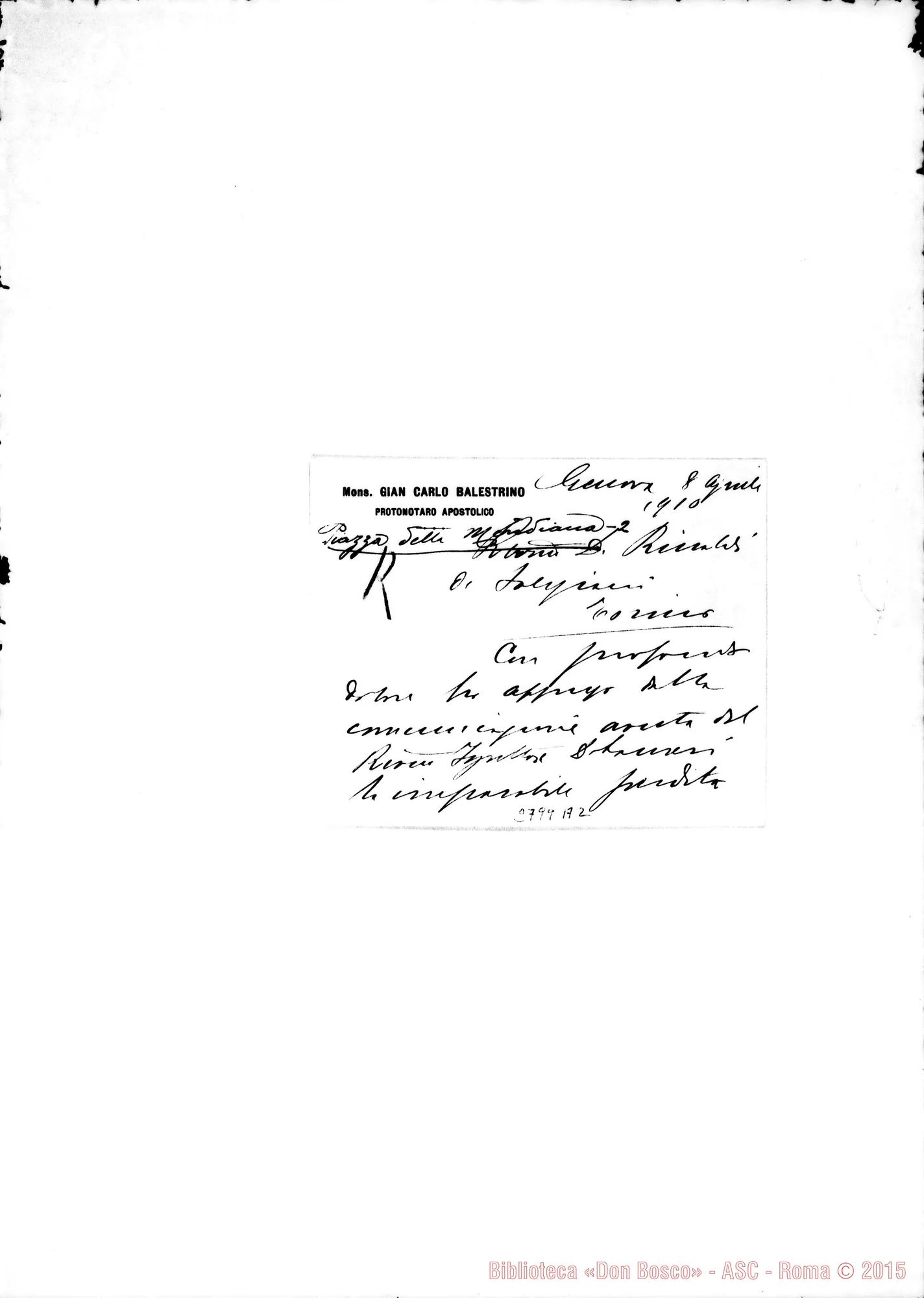 Fotogramma A 2 — Balestrino Gian Carlo, Mons. protonotario ap.. Biglietto da visita
