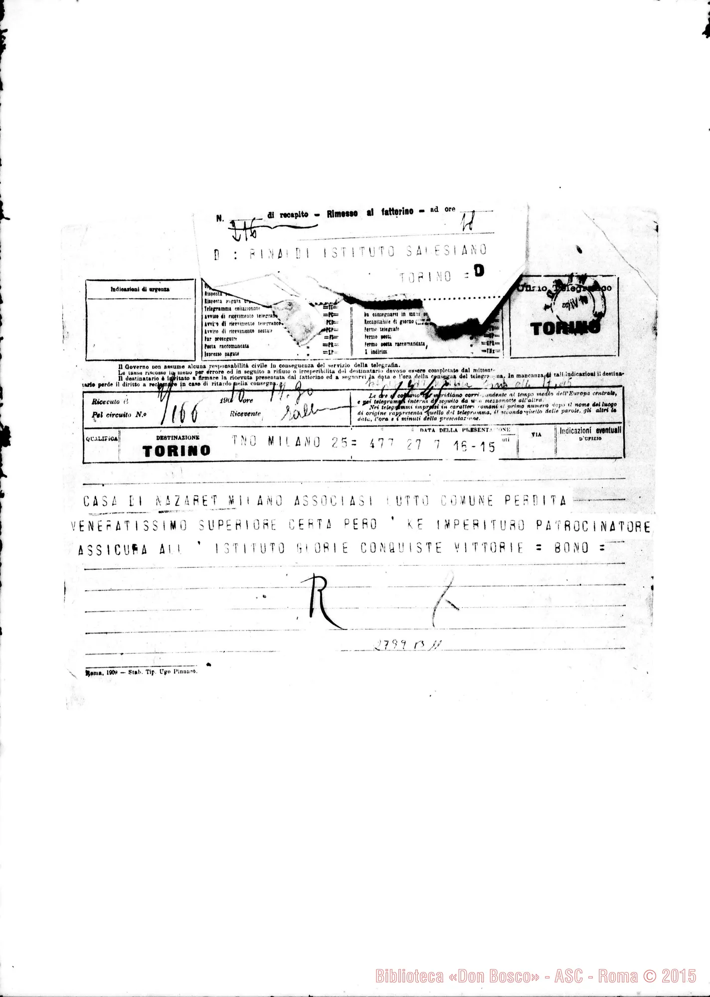 Fotogramma B 11 — Bono, della Casa di Nazaret di Milano. Telegramma