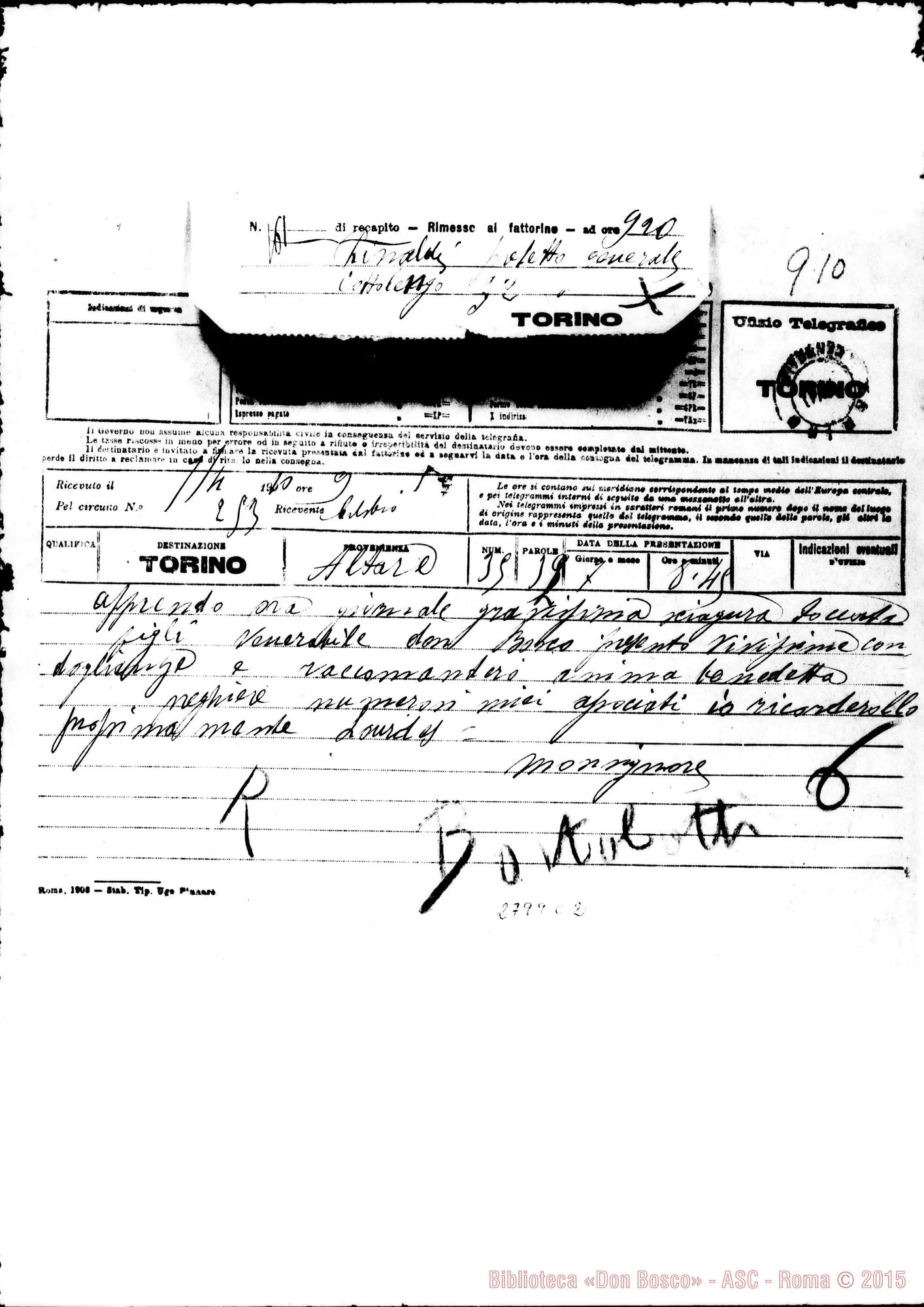 Fotogramma C 2 — Bortolotti, mons.. Altare. Telegramma