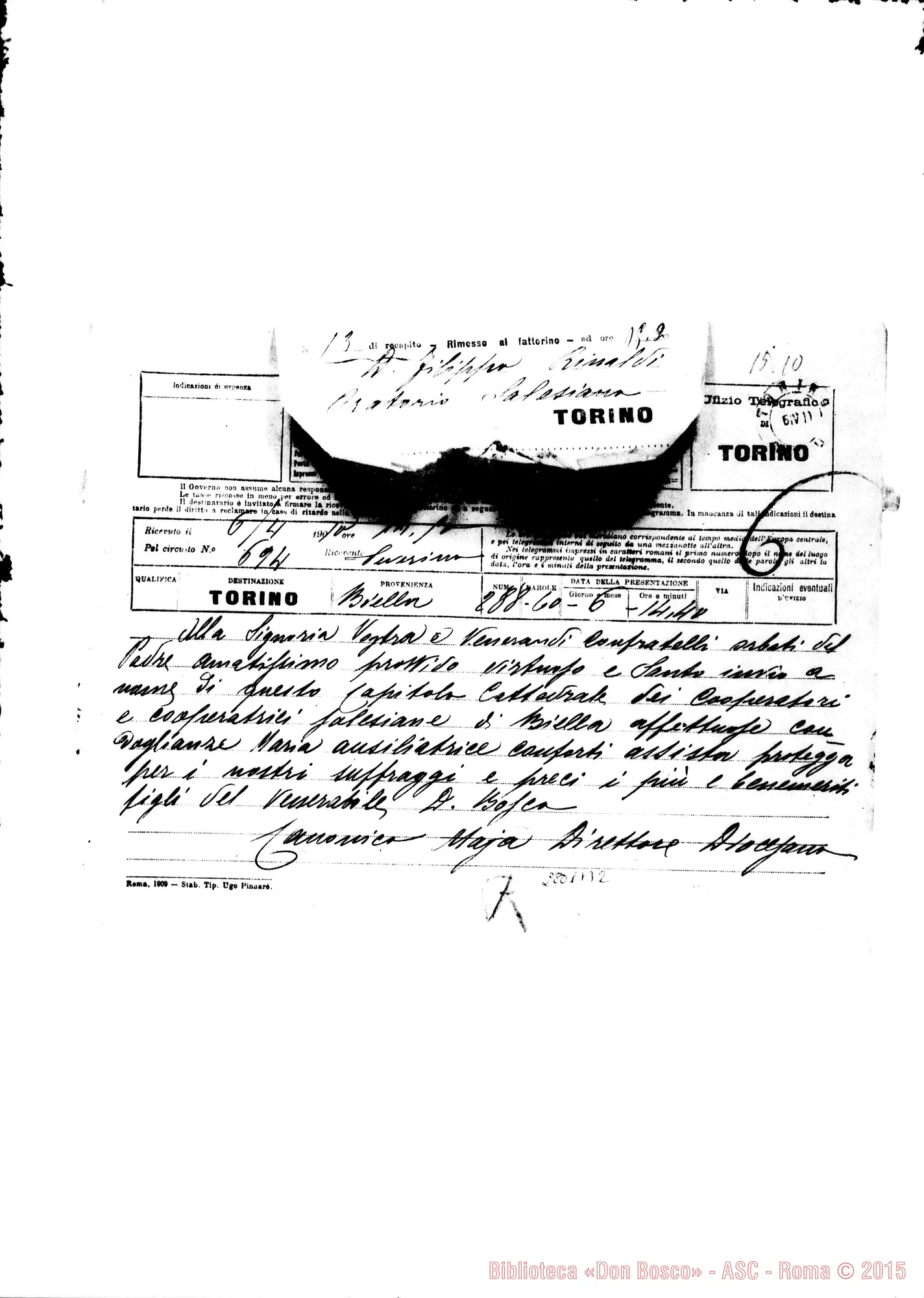 Fotogramma B 2 — Maja, can. direttore diocesano. Bielba. telegramma
