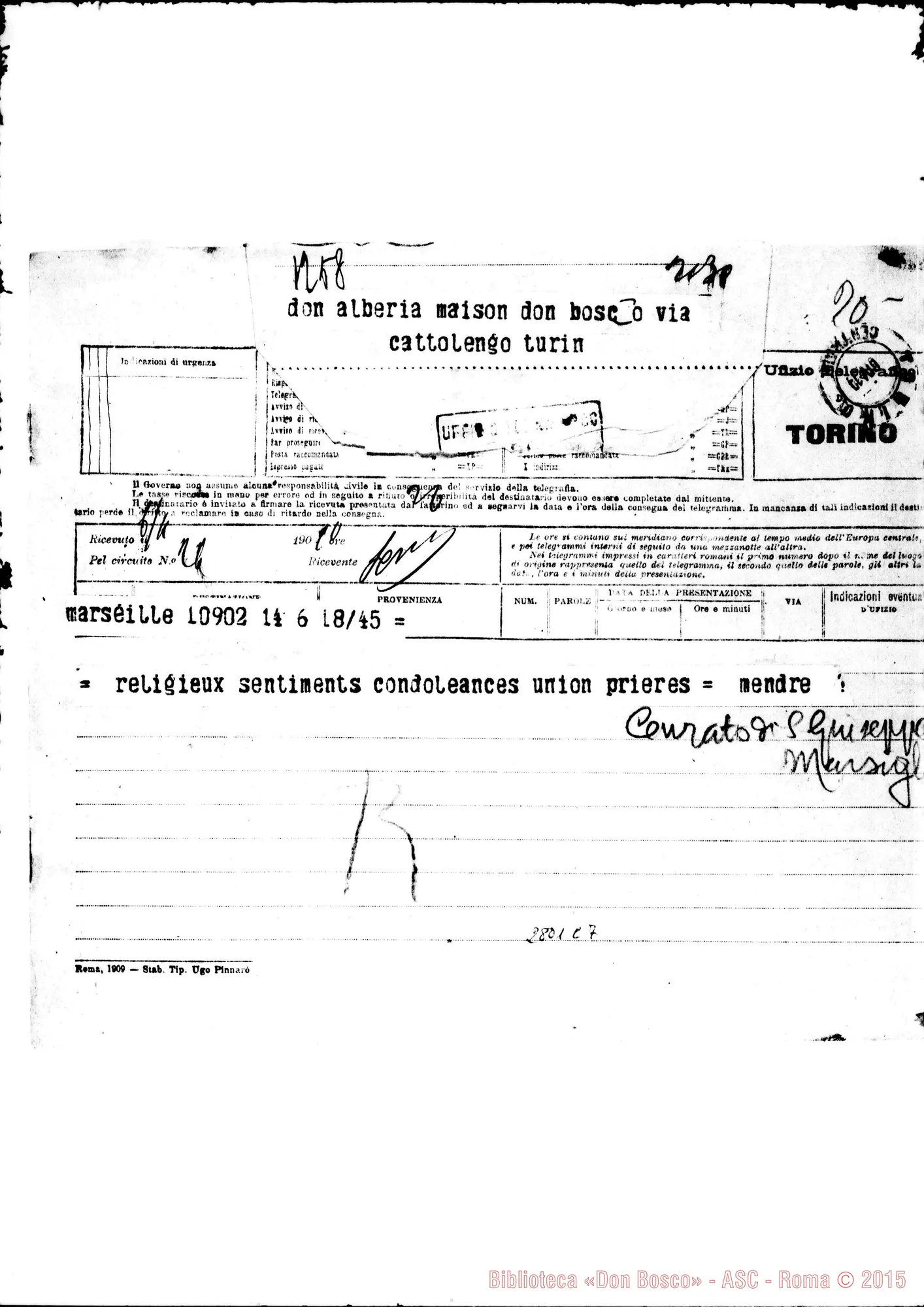 Fotogramma C 7 — Mendre, curato di S. Giuseppe. Marsiglia. Telegramma