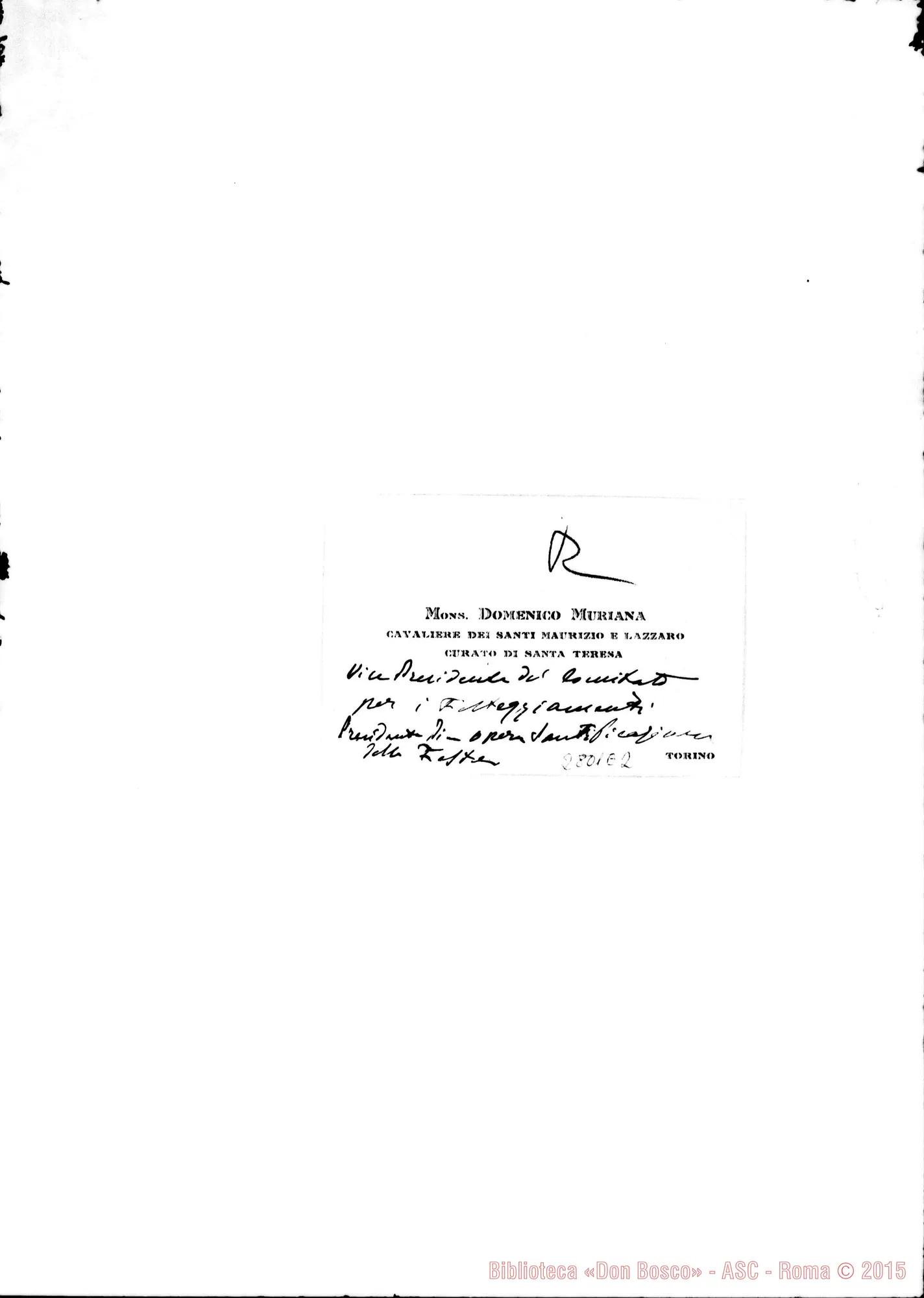 Fotogramma E 2 — Muriana Domenico, mons. cav. Mauriziano. Torino. Biglietto da visita