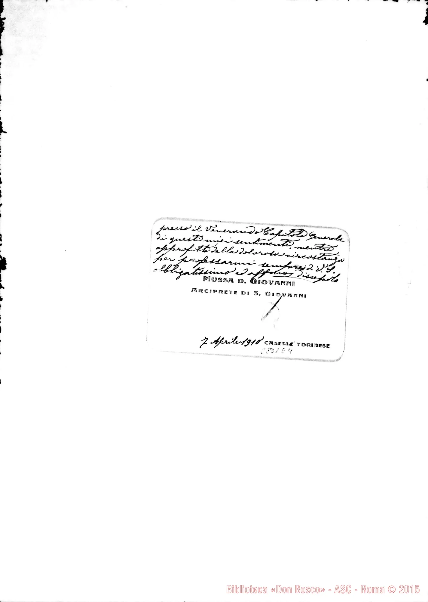 Fotogramma E 4 — Mussa Giovanni, arciprete di S. Giovanni. Caselle Torinese. Biglietto da visita