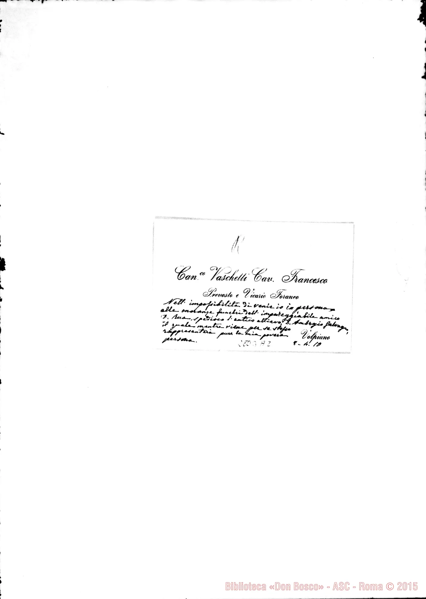 Fotogramma A 2 — Vaschetti Francesco, can. cav. prevosto E vicario foraneo. Volpiano. Biglietto da visita
