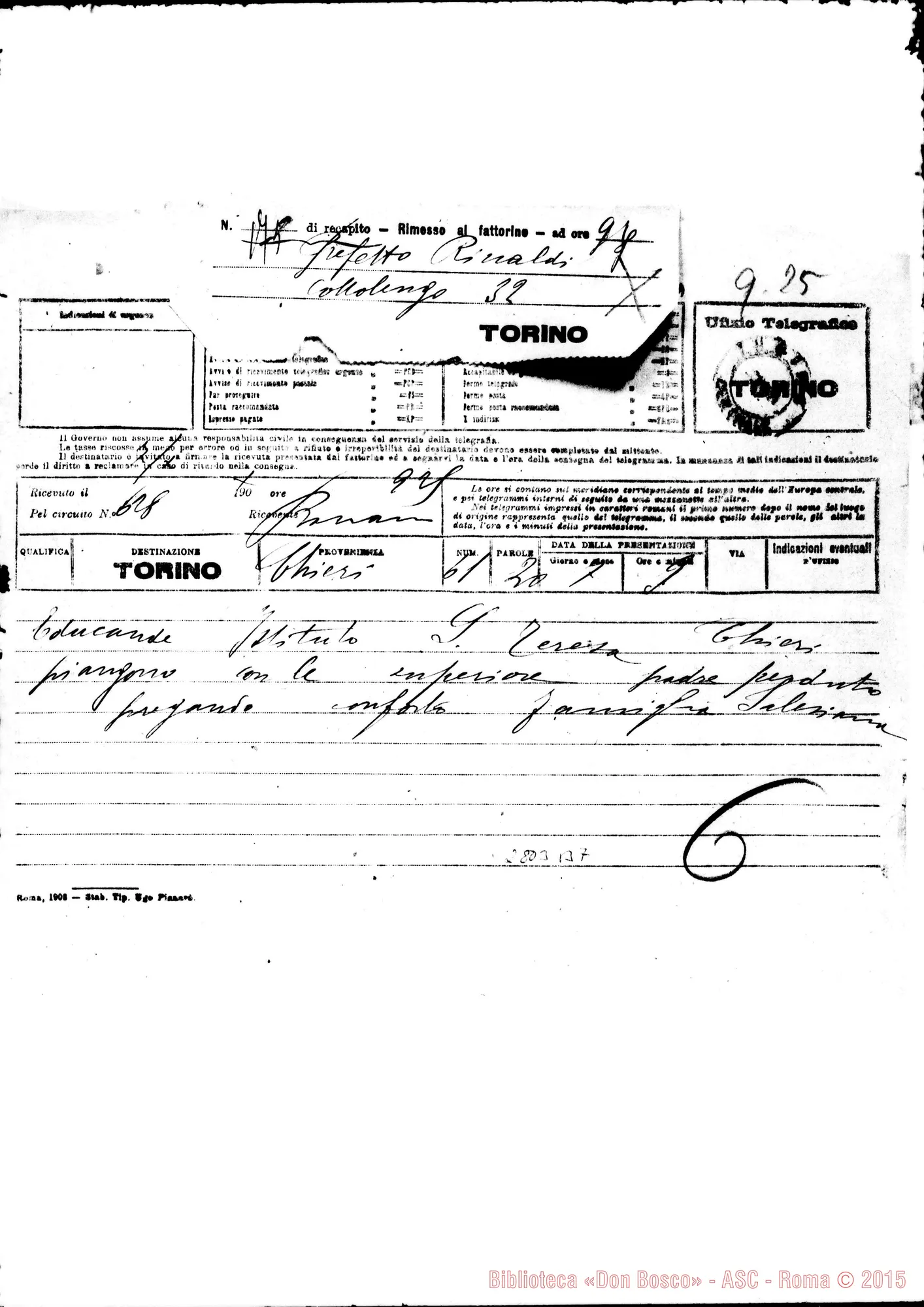 Fotogramma B 7 — Chieri. Famiglia Salesiana. Telegramma