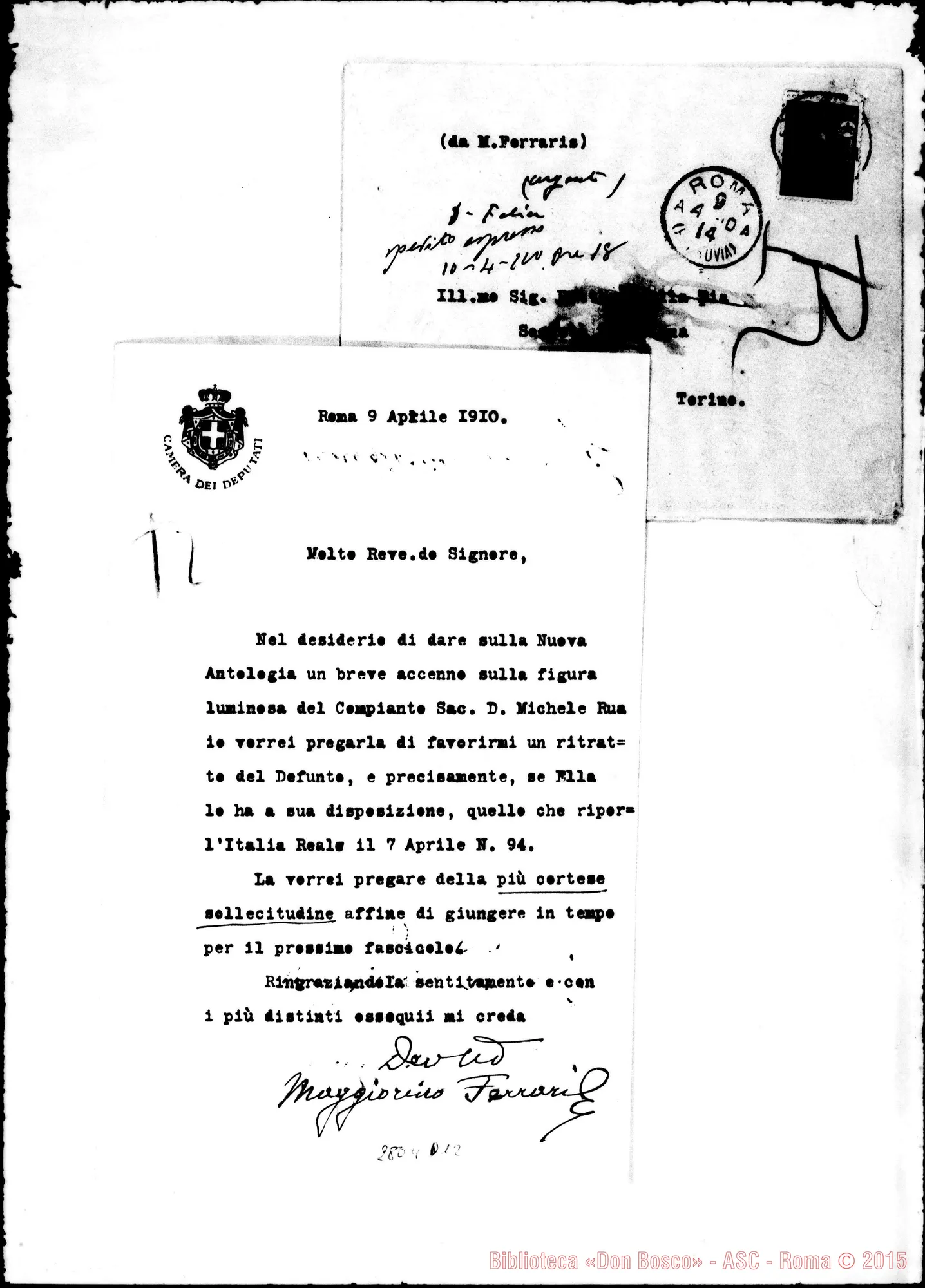 Fotogramma D 12 — Ferraris Maggiorino, deputato al Parlamento. Roma. Autogr. di D. Rinaldi