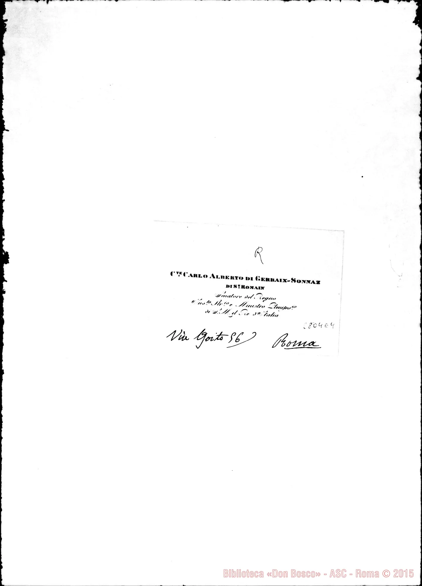 Fotogramma E 4 — Gerbaix-Sonnaz Carlo Alberto, conte. Senatore del Regno. Roma. Biglietto da visita