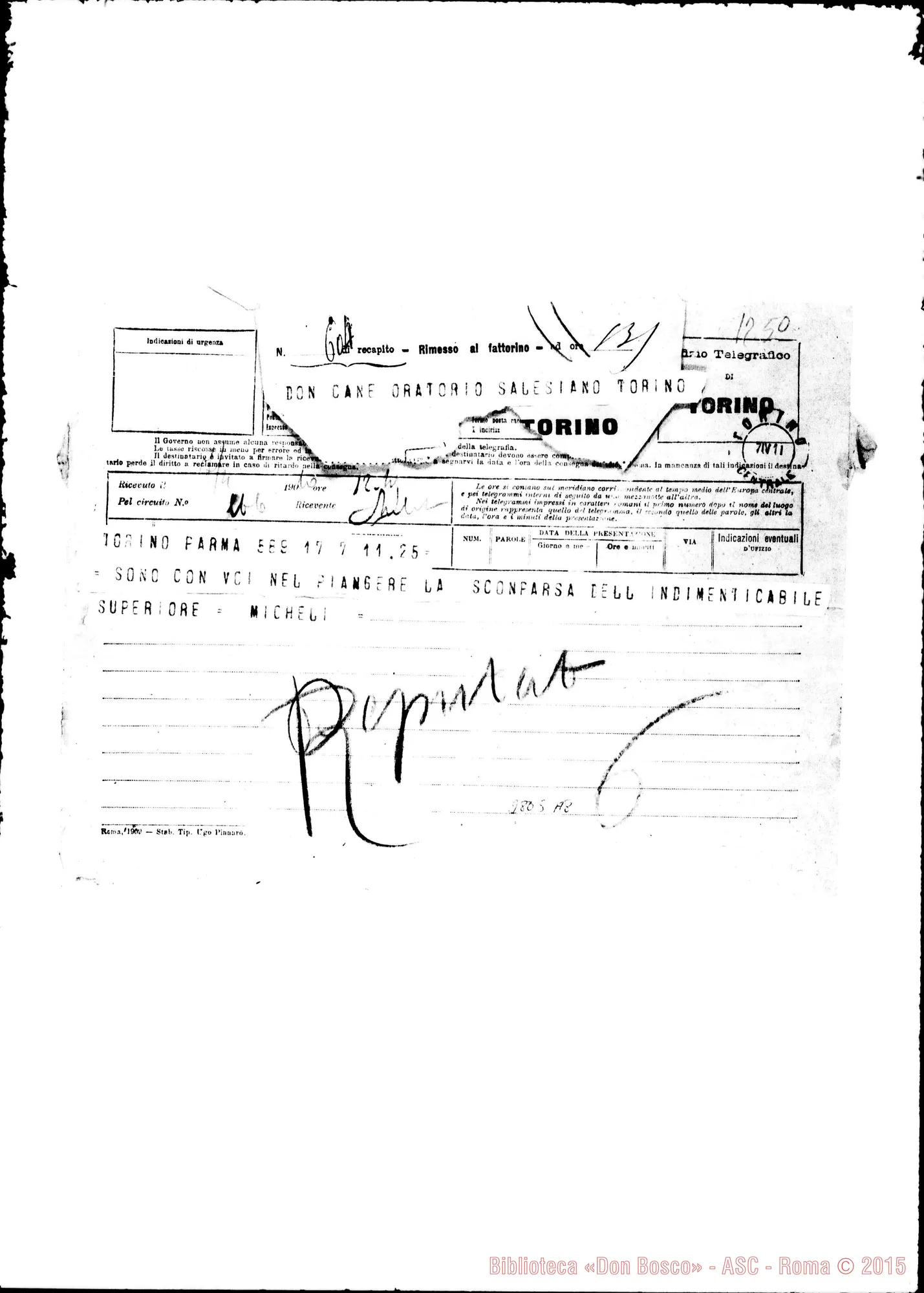 Fotogramma A 8 — Micheli, deputato al Parlamento. Parma. Telegramma