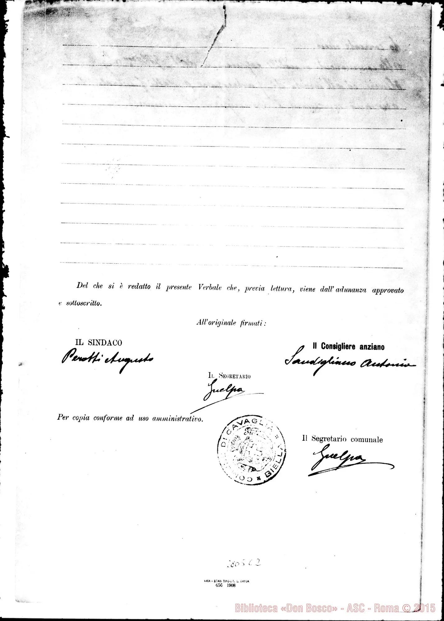 Fotogramma C 2 — Perotti Augusto, sindaco. Verbale di deliberazione del consiglio comunale di Cavaglià (Novara)