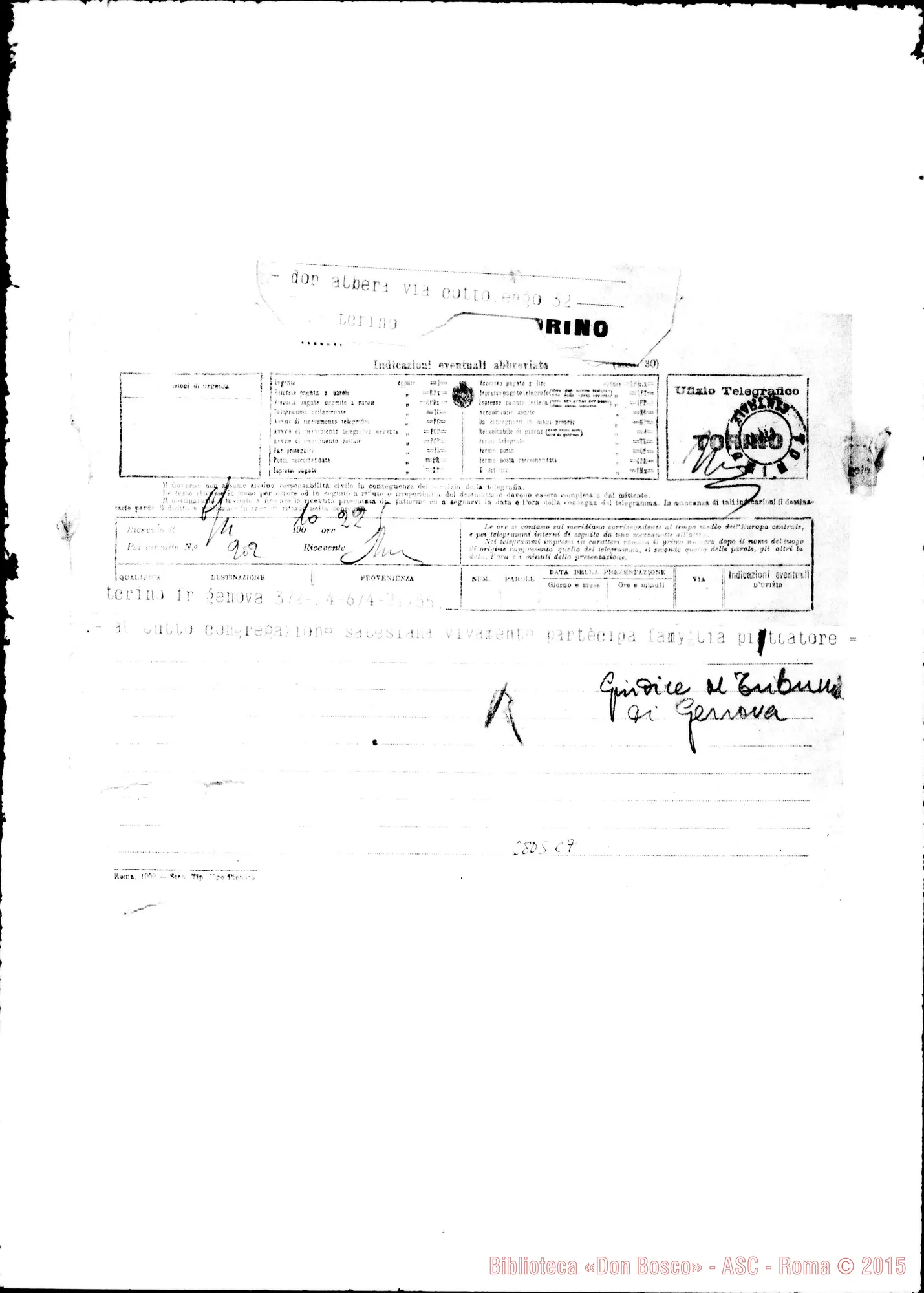 Fotogramma C 7 — Pittatore E Famiglia, giudice al Tribunale di Genova. Telegramma