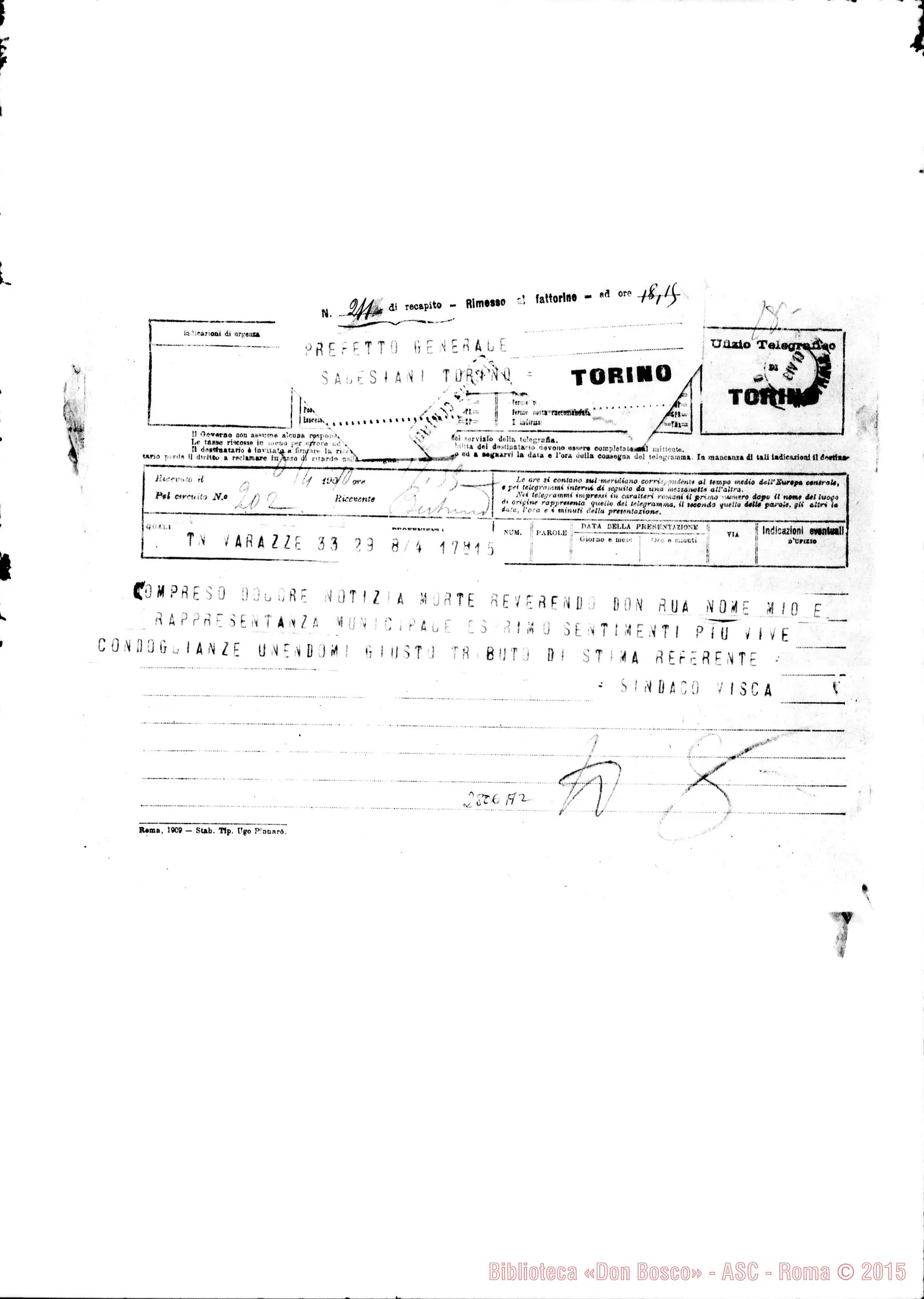 Fotogramma A 2 — Visca, sindaco di Varazze. Telegramma
