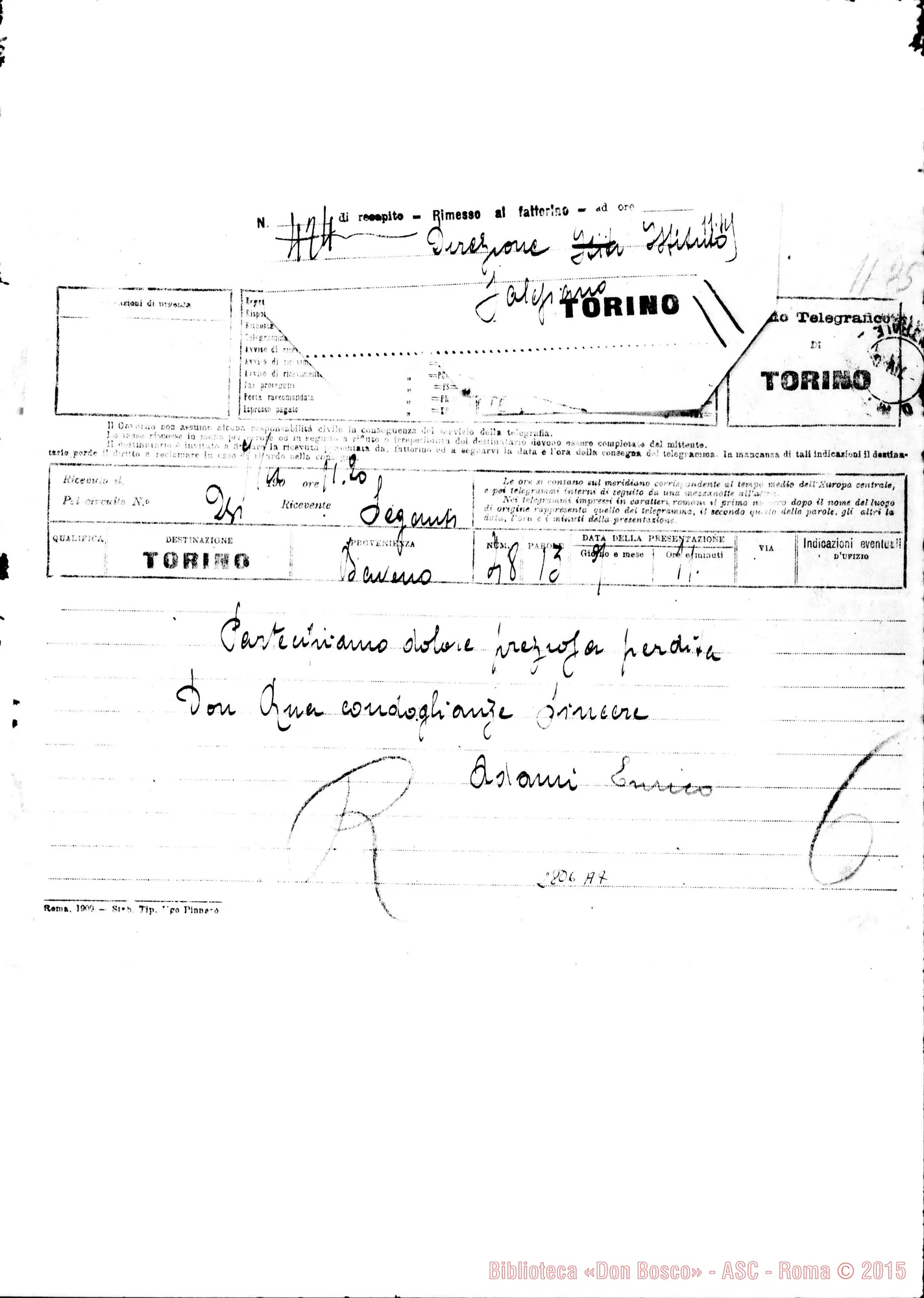 Fotogramma A 7 — Adami Enrico. Baveno (Novara). Telegramma