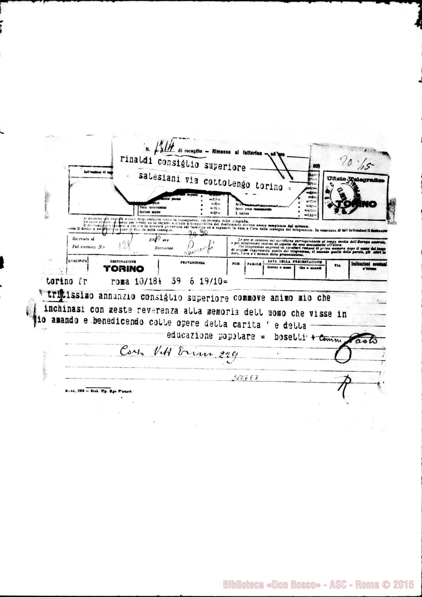Fotogramma E 7 — Boselli Paolo, comm.. Roma, telegramma
