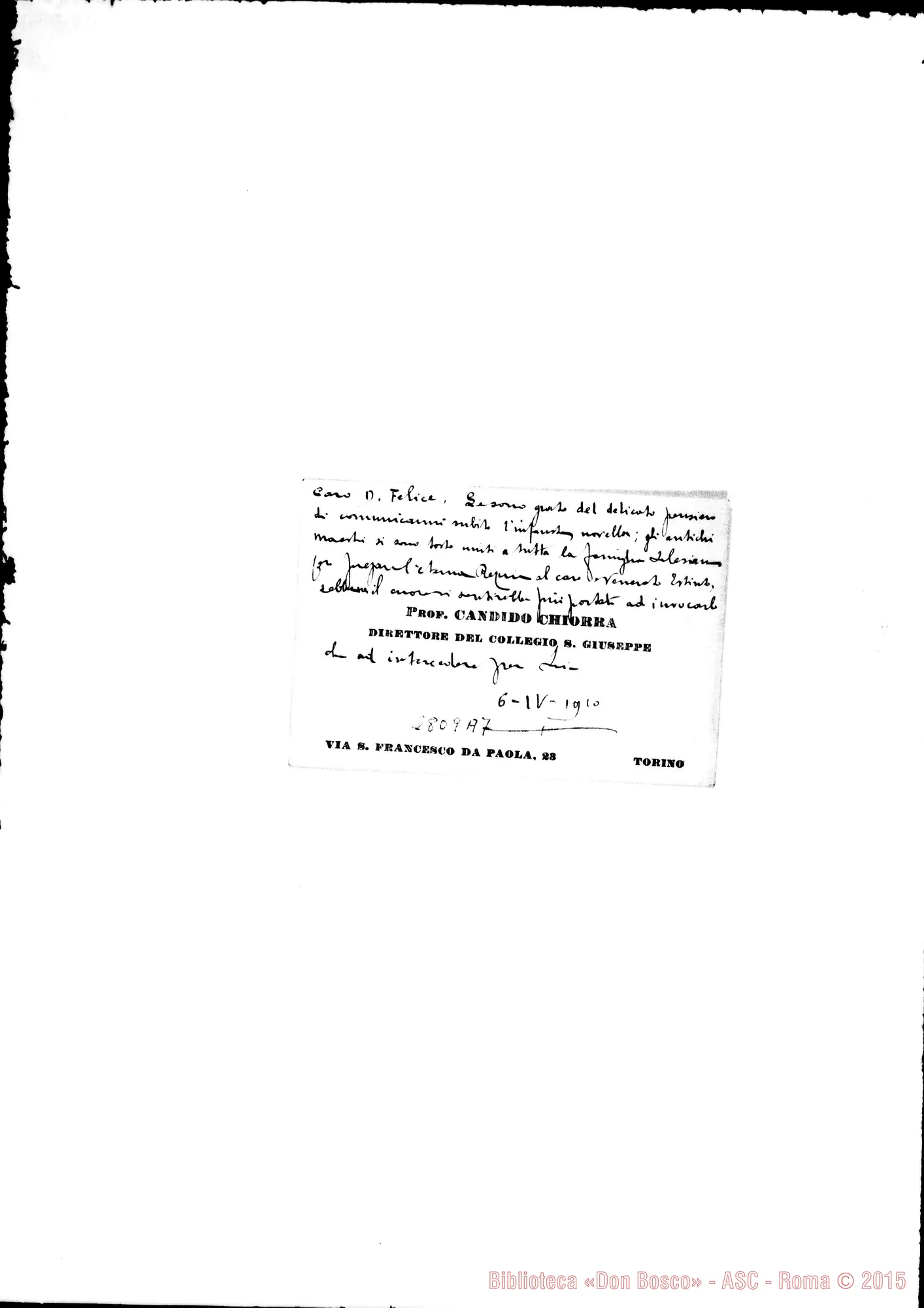 Fotogramma A 7 — Chiorra Candido, prof. Direttore del Collegio S. Giuseppe di Torino. Biglietto da visita