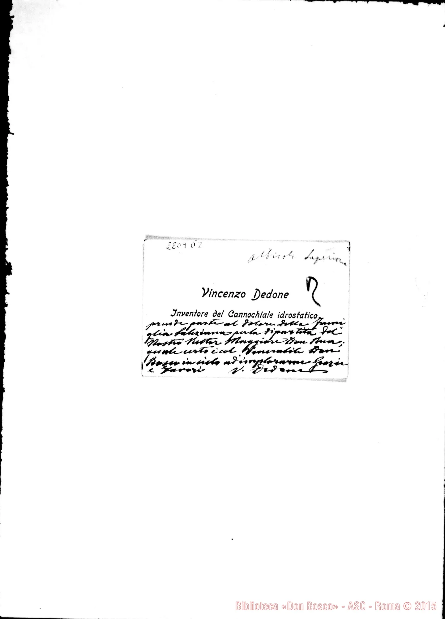 Fotogramma D 2 — Dedone Francesco, inventore del cannocchiale idrostatico. Biglietto da visita