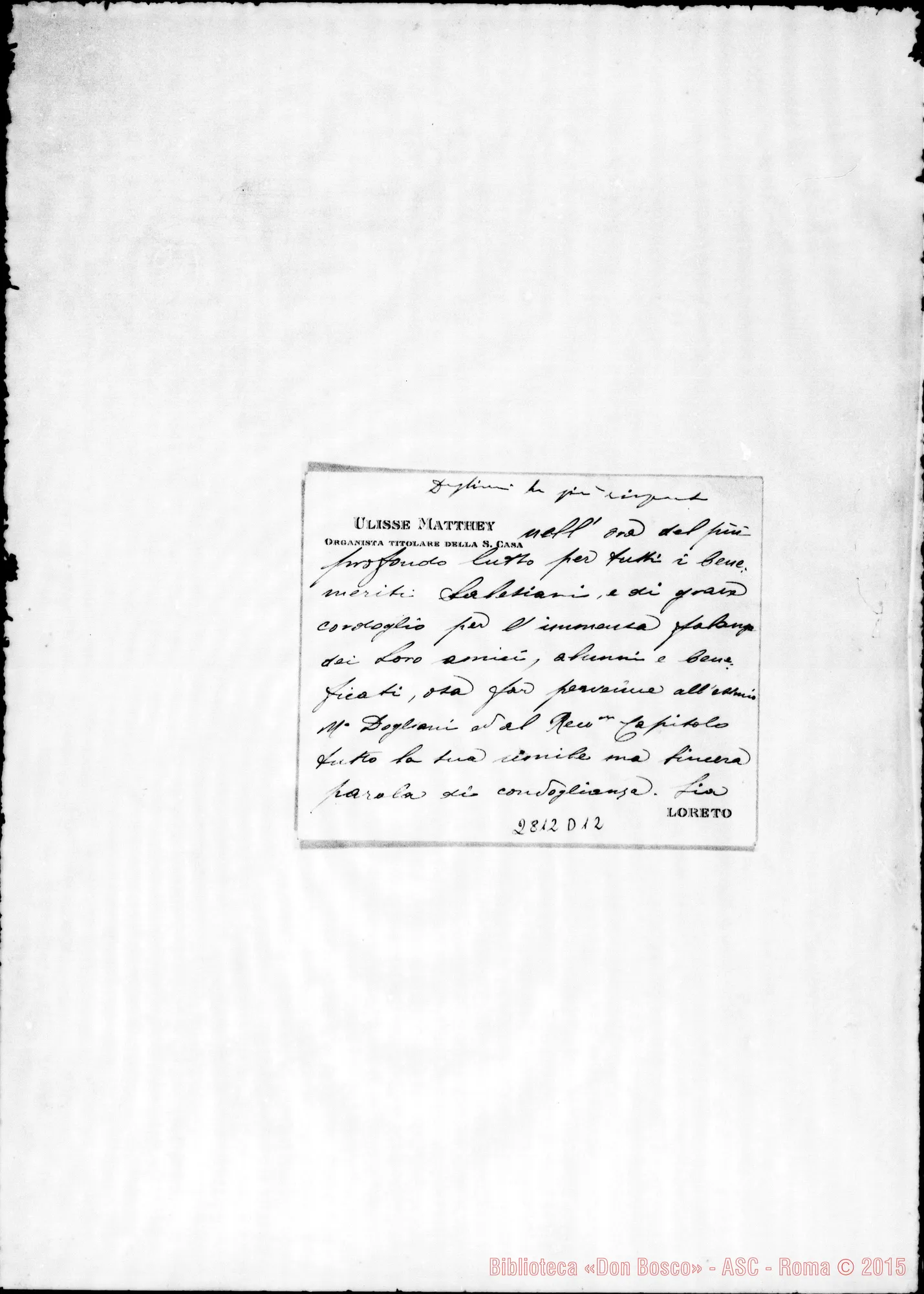 Fotogramma D 12 — Matthey Ulisse, organista della S. Casa. Loreto. Biglietto