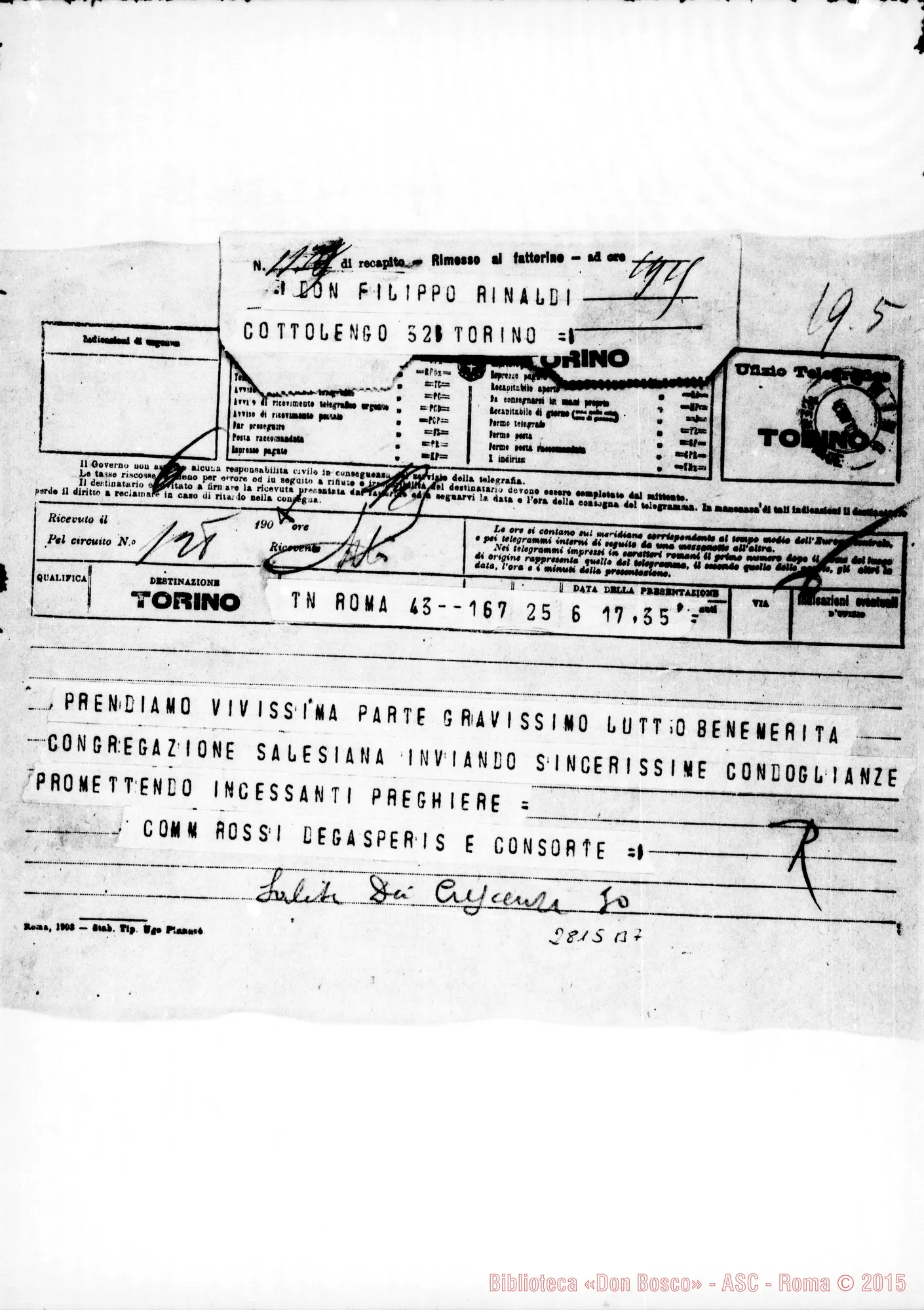 Fotogramma B 7 — Rossi Degasperis, comm., E consorte. Roma. Telegramma