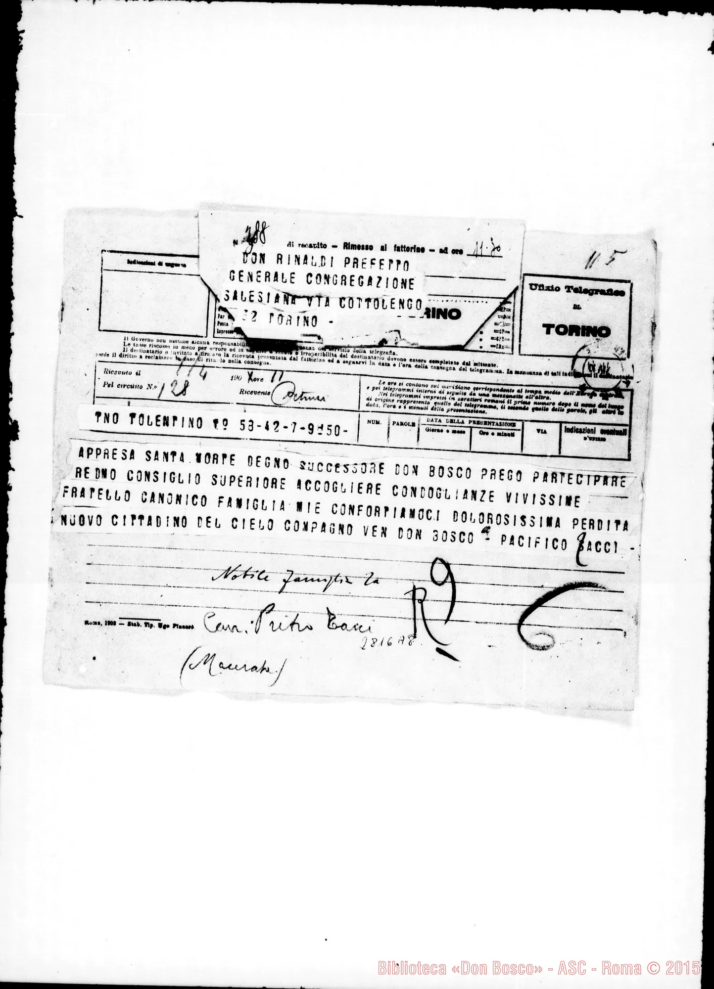 Fotogramma A 8 — Tacci Pacifico E Famiglia. Tolentino. Telegramma