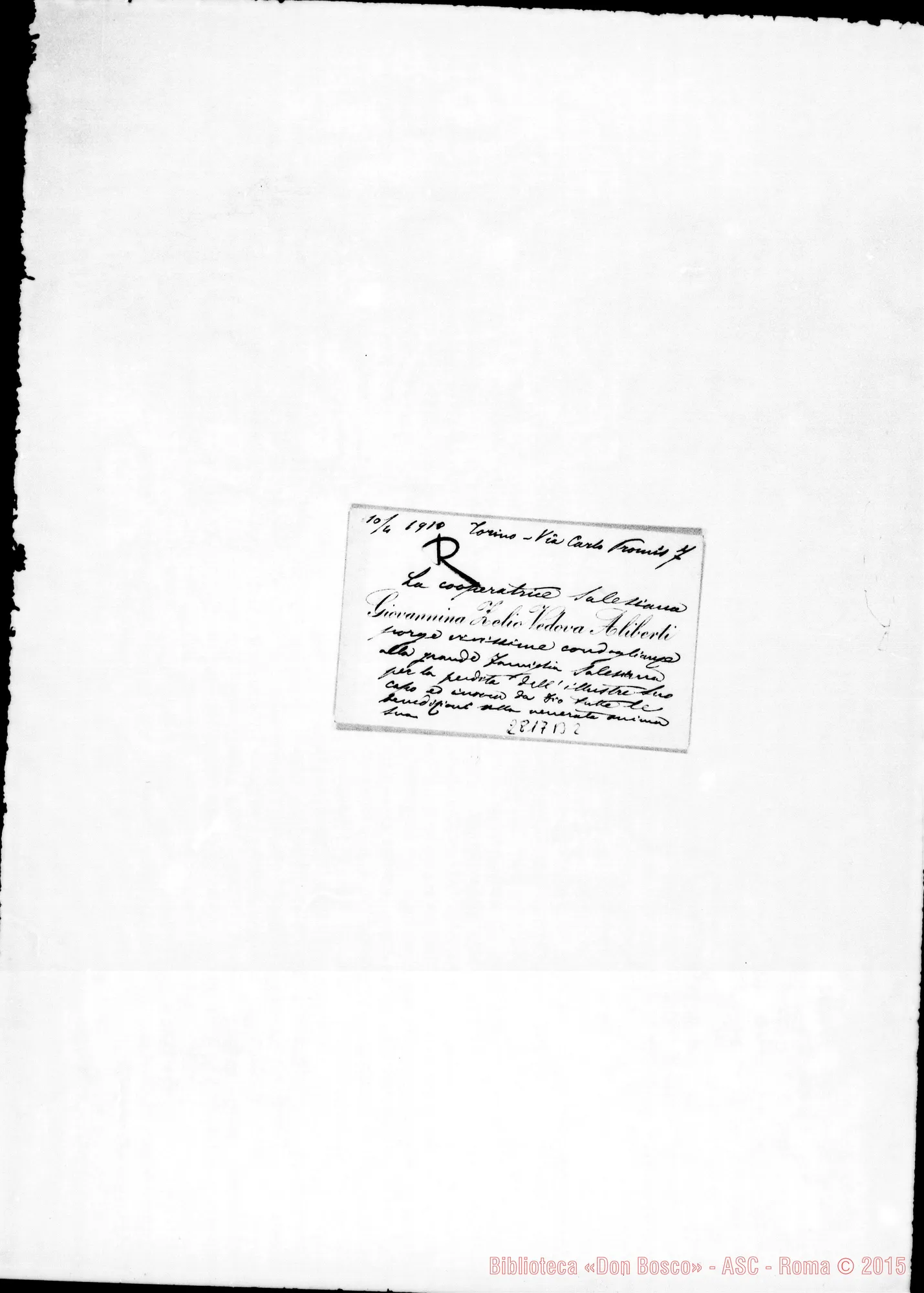 Fotogramma B 2 — Zelio Giovannina, ved. Aliberti. Torino. Biglietto da visita
