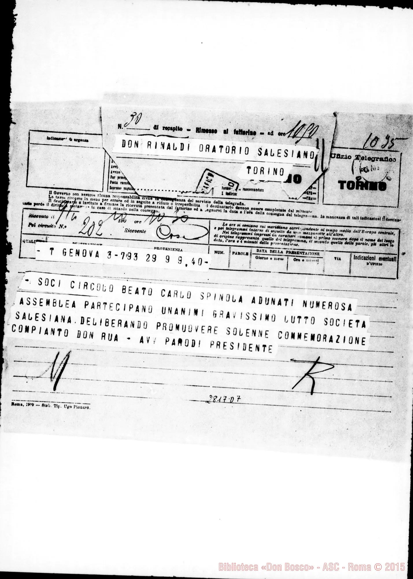 Fotogramma D 7 — Circolo Beato Carlo Spinola. Parodi, Avv.. Genova. Telegramma