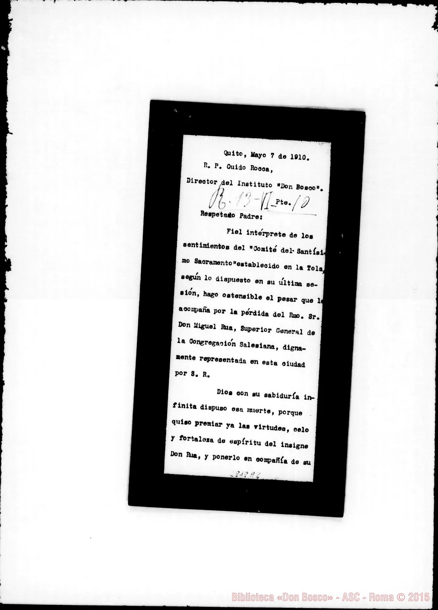 Fotogramma A 8 — Comié del Santísimo Sacramento. Quito (Equatore). V.Acosta. Autogr. di D. Rinaldi
