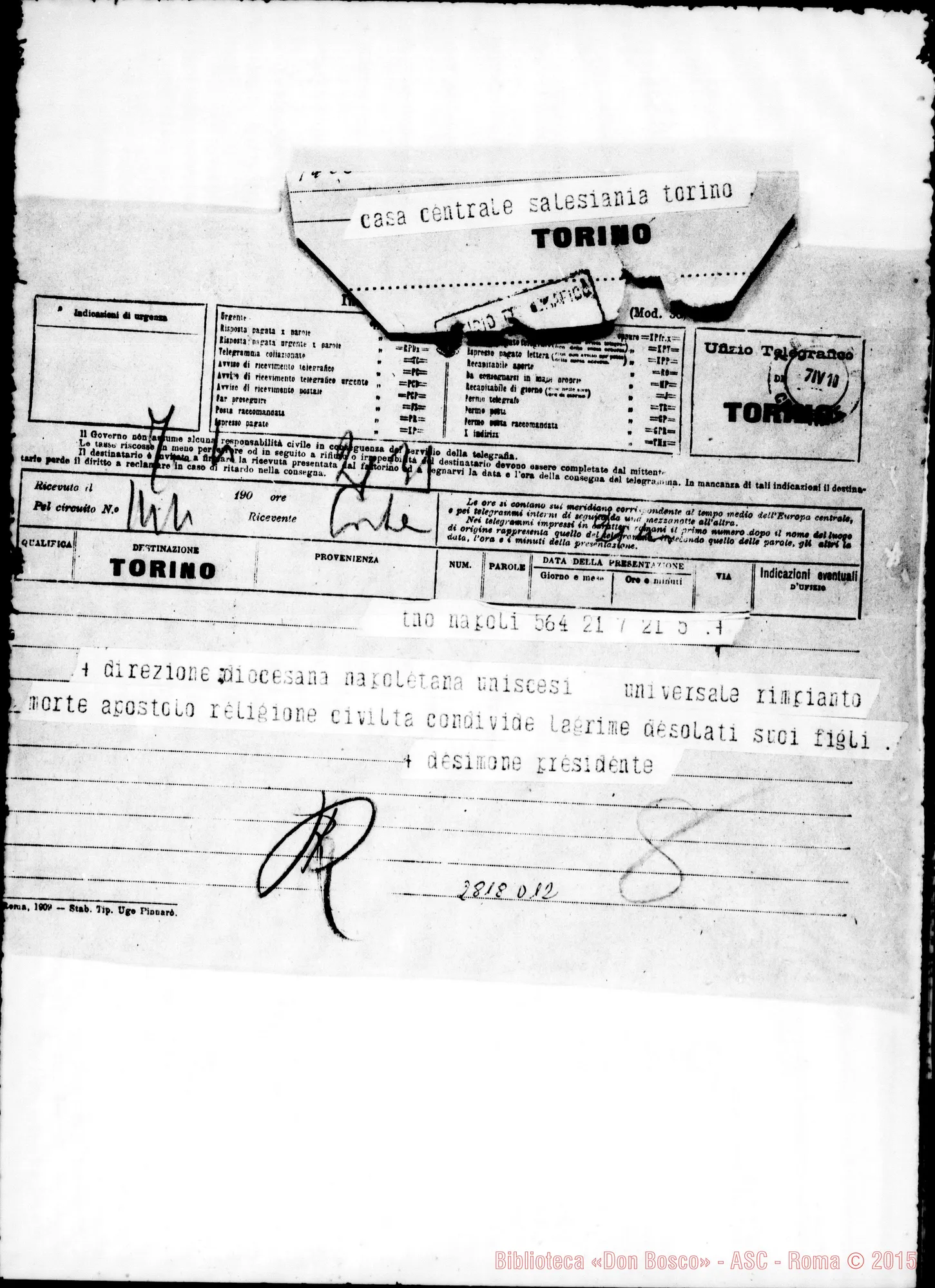 Fotogramma D 12 — Direzione Diocesana Napoletana. Desimone. Telegramma