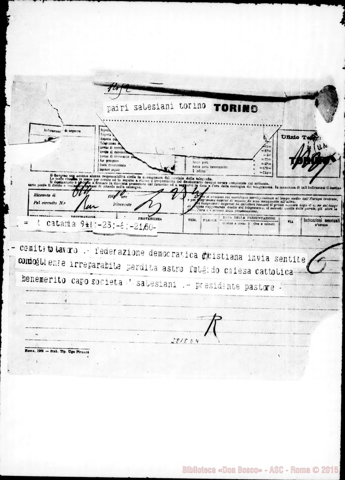 Fotogramma E 4 — Federazione Democratica Cristiana. Catania. Pastore. Telegramma