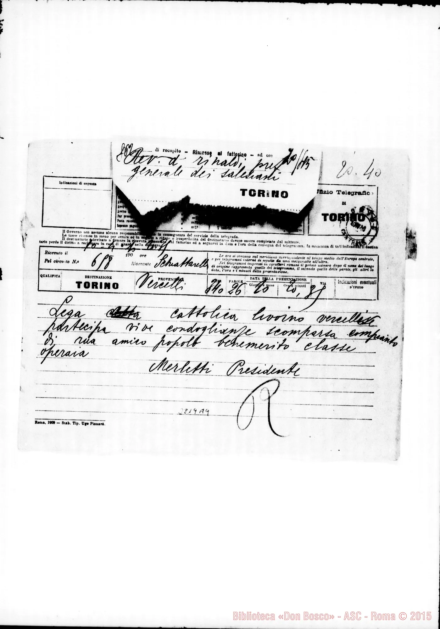 Fotogramma A 9 — Lega Cattolica. Vercelli. Merletti. Telegramma